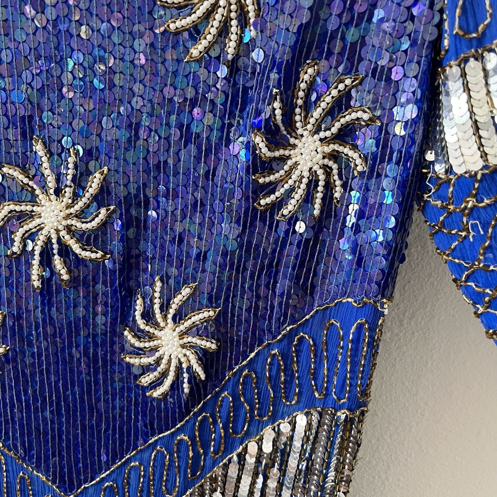 Vintage 80’s Chanson D’Amour Womens Flapper Dress 100% Silk Sequin Beaded Blue