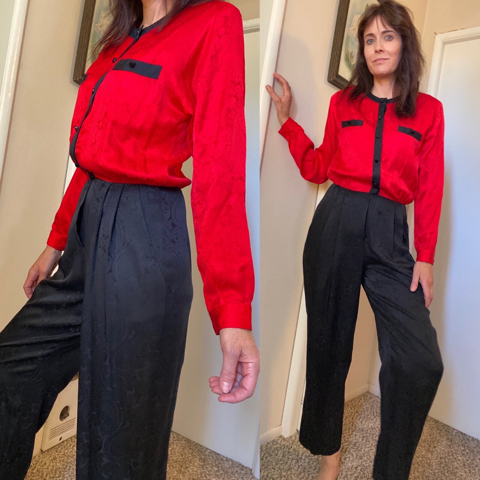 Vtg 80’s Liz Claiborne Silk Paisley jacquard print Jumpsuit 6 8 10 M red black