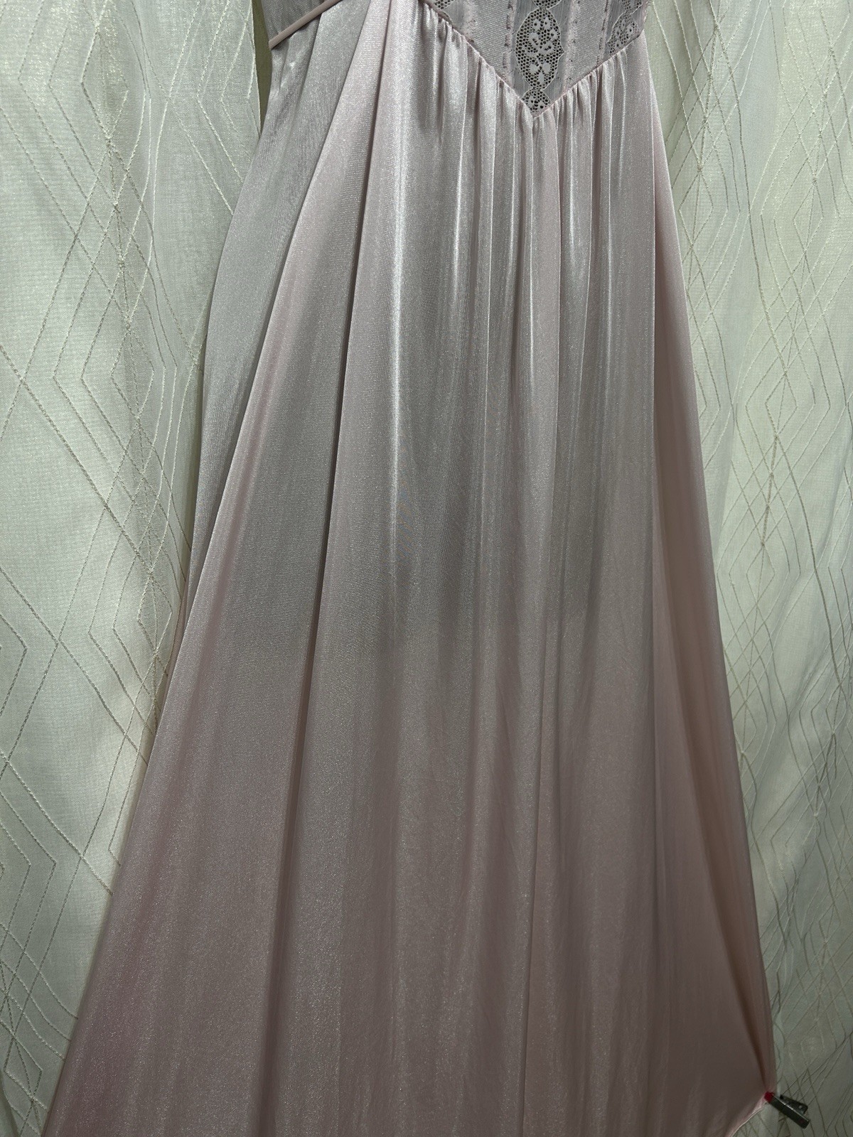 VTG M L Deena Nightgown Sweetest Pink Shiny Nylon sheer Lace Gown Wide straps