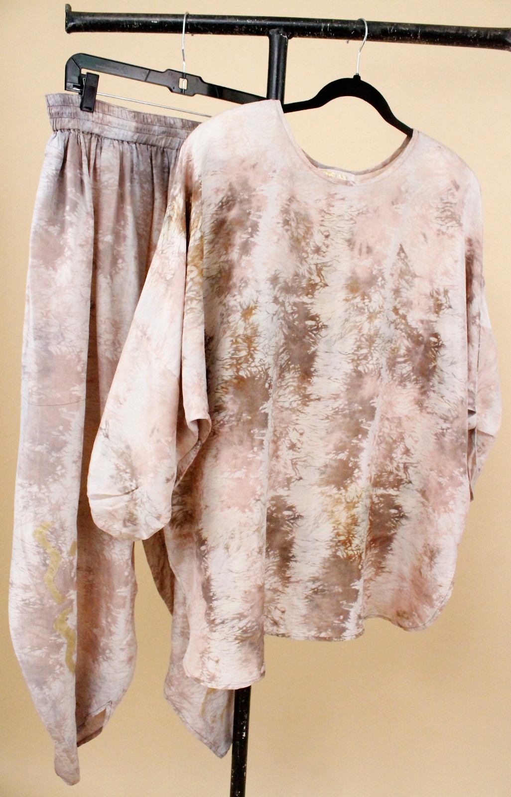 80s Vtg Silk Beige Gold Laise Adzer Langenlook Moroccan Harem Pant Suit OS