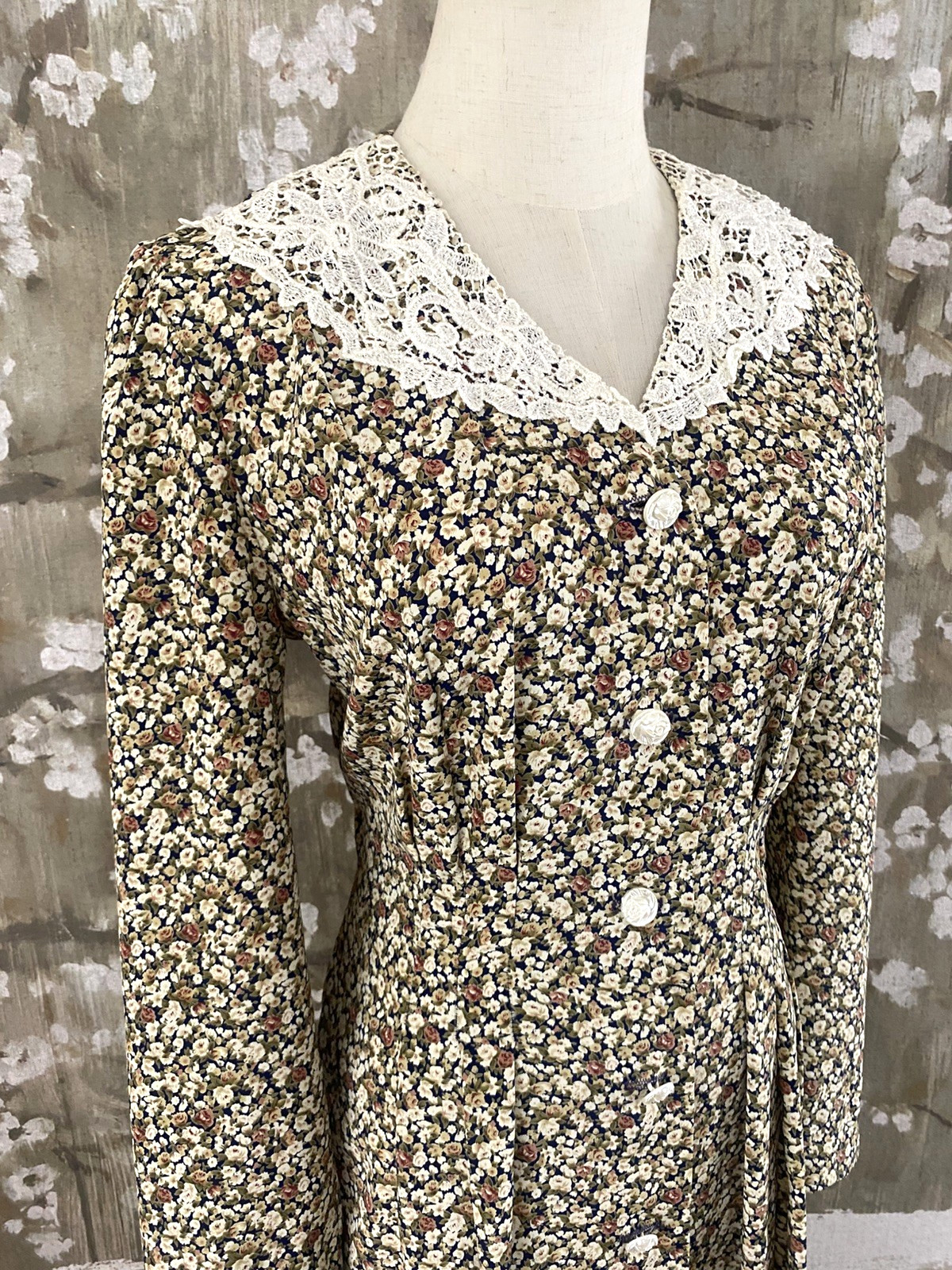 VTG LESLIE FAY Cottagecore Button Front Pockets Prairie Granny Office Dress P8