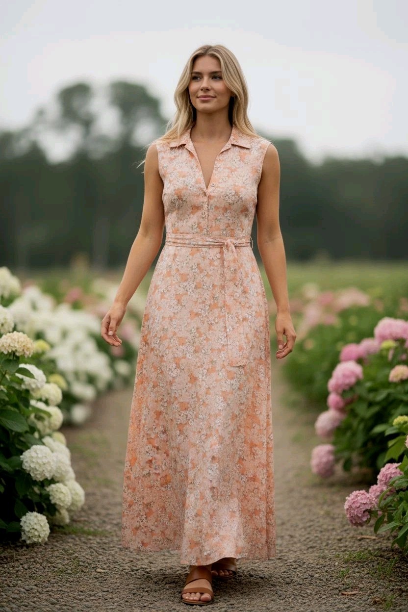 60s/70s Peachy Ditzy Floral Empire Waist Maxi Dress Tie Back Hostess, Boho GUC
