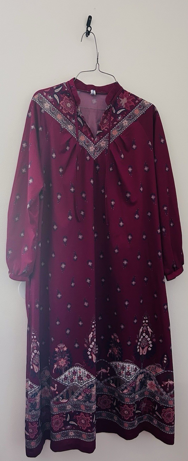 Vintage VEB Pirnetta Pirna Kaftan Dress Maroon Boho Paisley GDR Midi Sz M/L