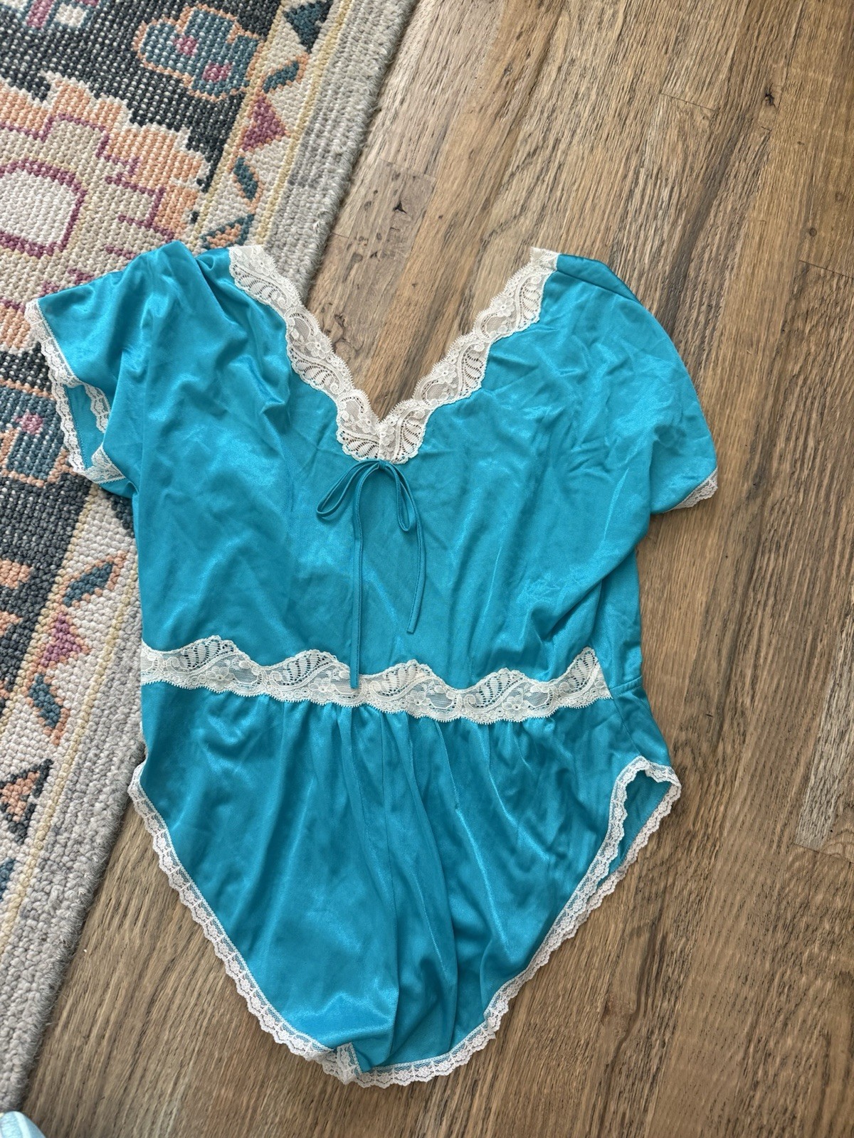 Vintage Teal Nylon Playsuit Teddy Romper Size Medium Large Nightie Lingerie
