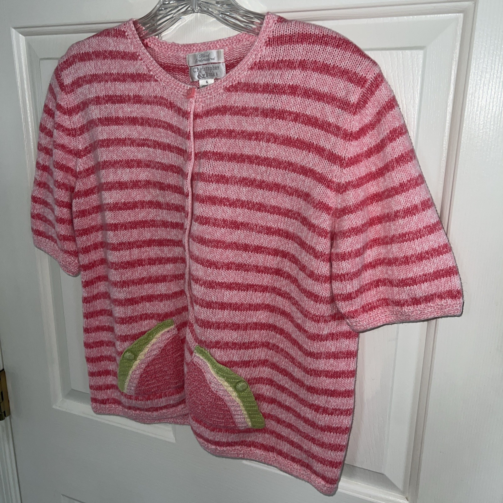 Vtg Christopher & Banks Pink Stripe Hand Stitched Sweater Watermelon Pocket Sz S
