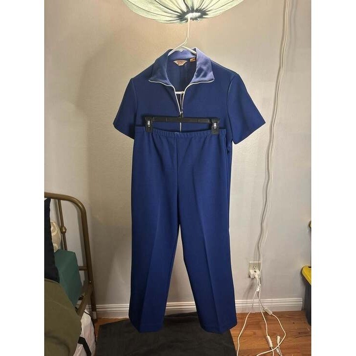 Vintage Fritzi of California Blue Knit 2 Piece Pant Set Tunic Mod Retro Size 14