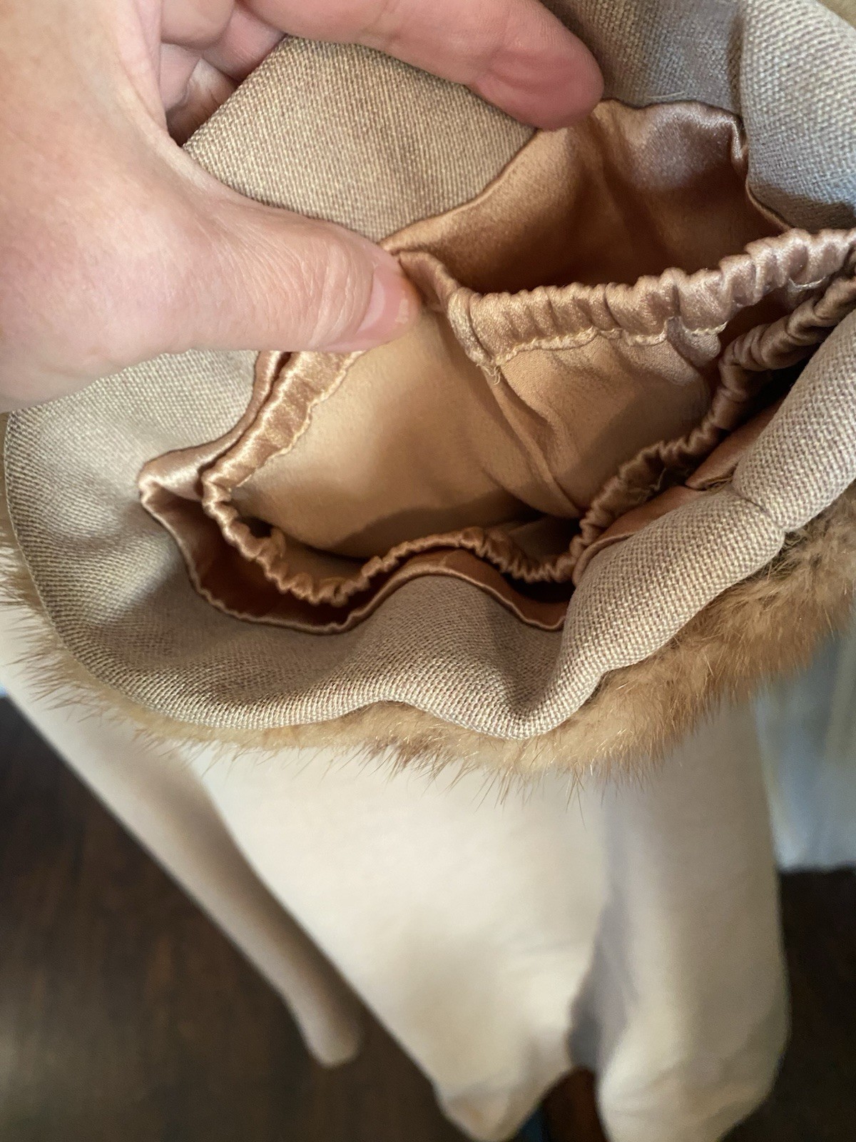 Vintage 1950s Tan Wool Swing Coat Real Mink Fur Collar Cuffs 46” Bust Nice!!!