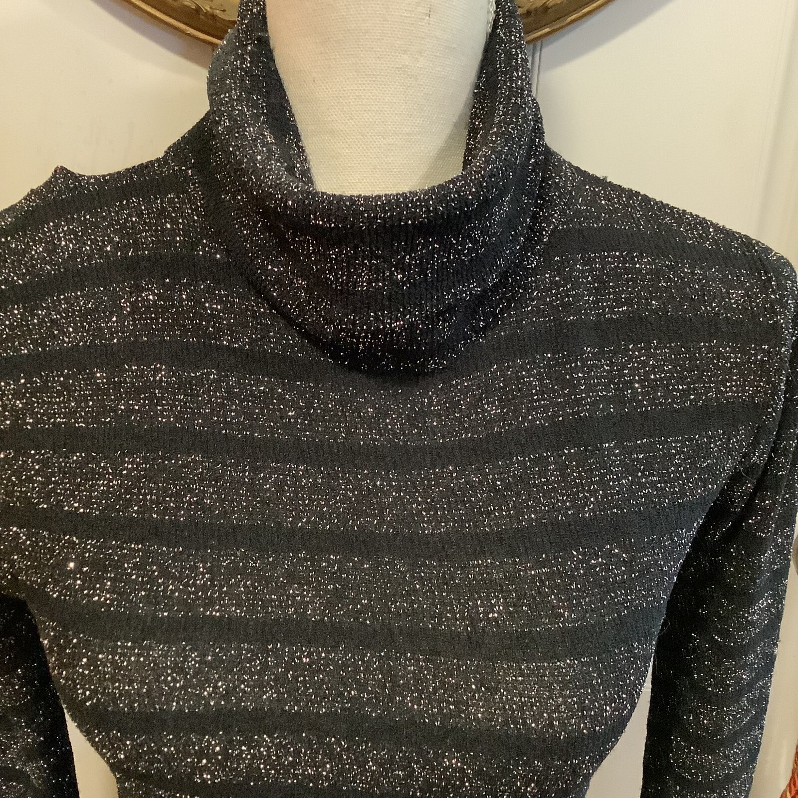 Kenneth Knits thin metallic sliver black turtleneck women’s sweater size S/M