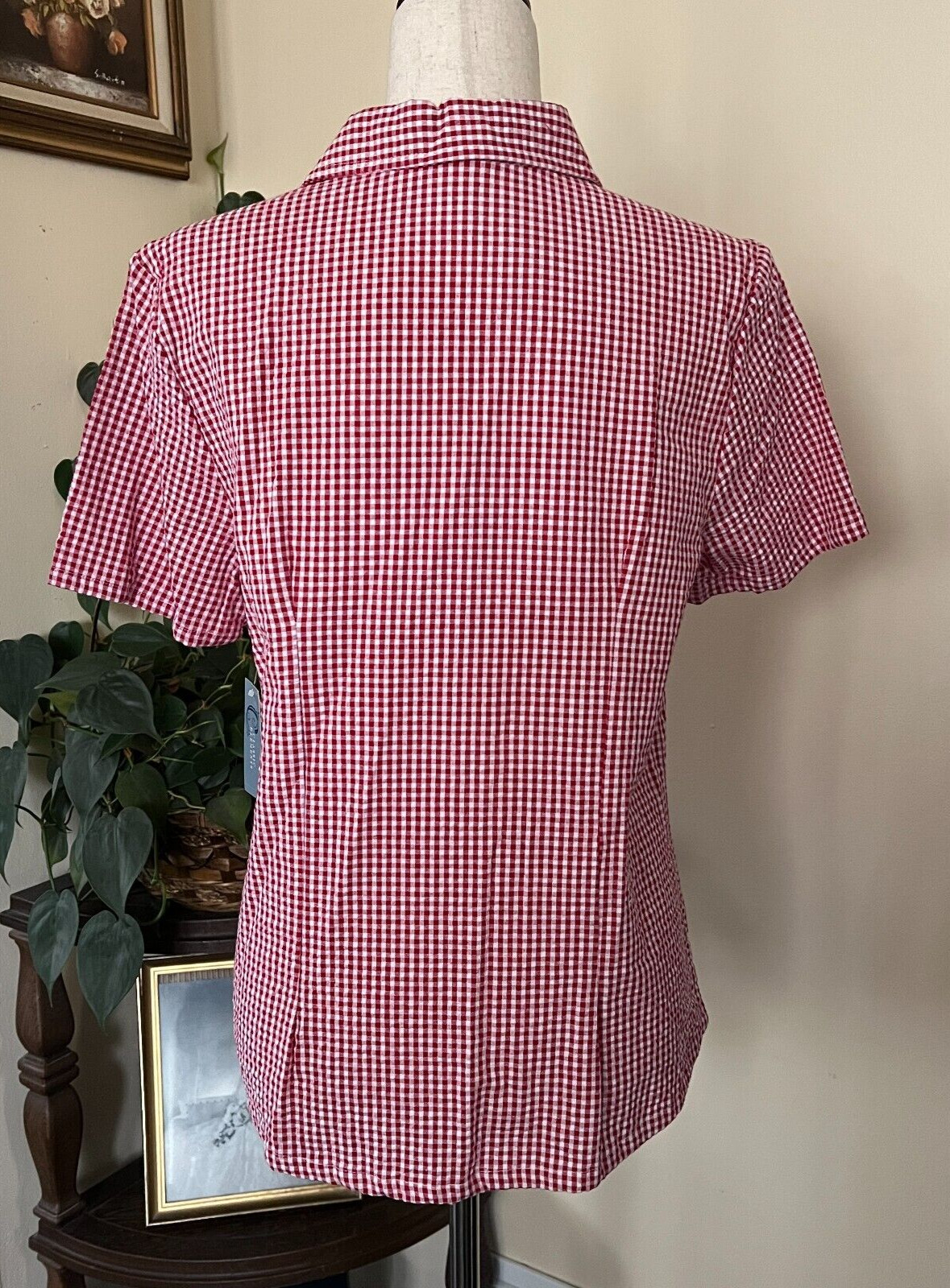 Classic Elements Vintage Red Seersucker Gingham Button Down Top sz M Deadstock