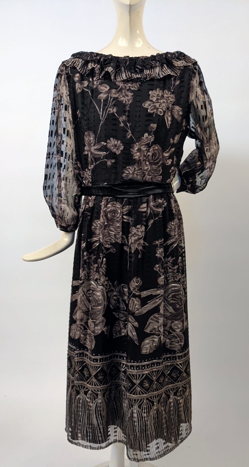 1970’S RICH ROSE + FLORAL PRINT SHEER SILK CHIFFON DRESS W PUFF SLEEVES
