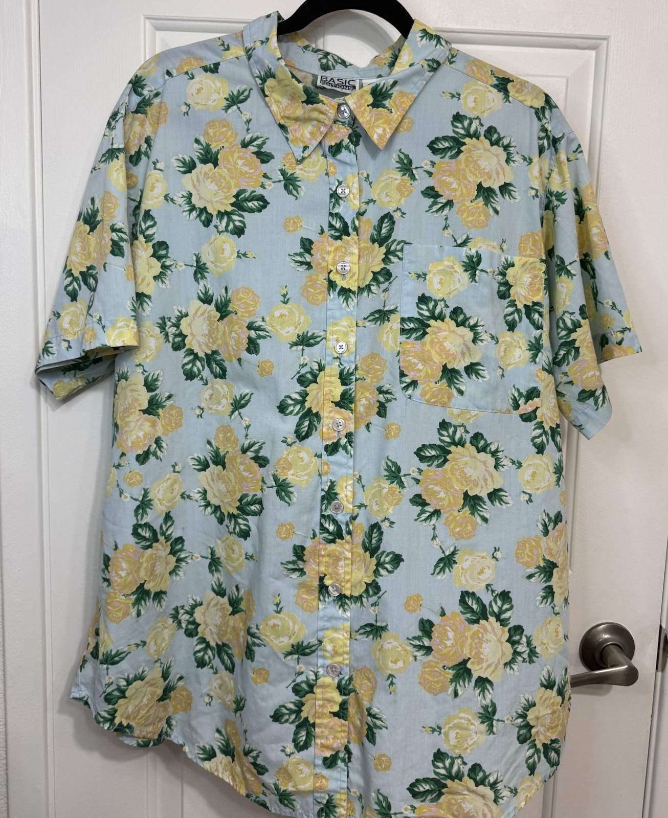 VTG 90s Basic Editions Plus Women’s Blouse Short Sleeve Blue Yellow Flowers 20W