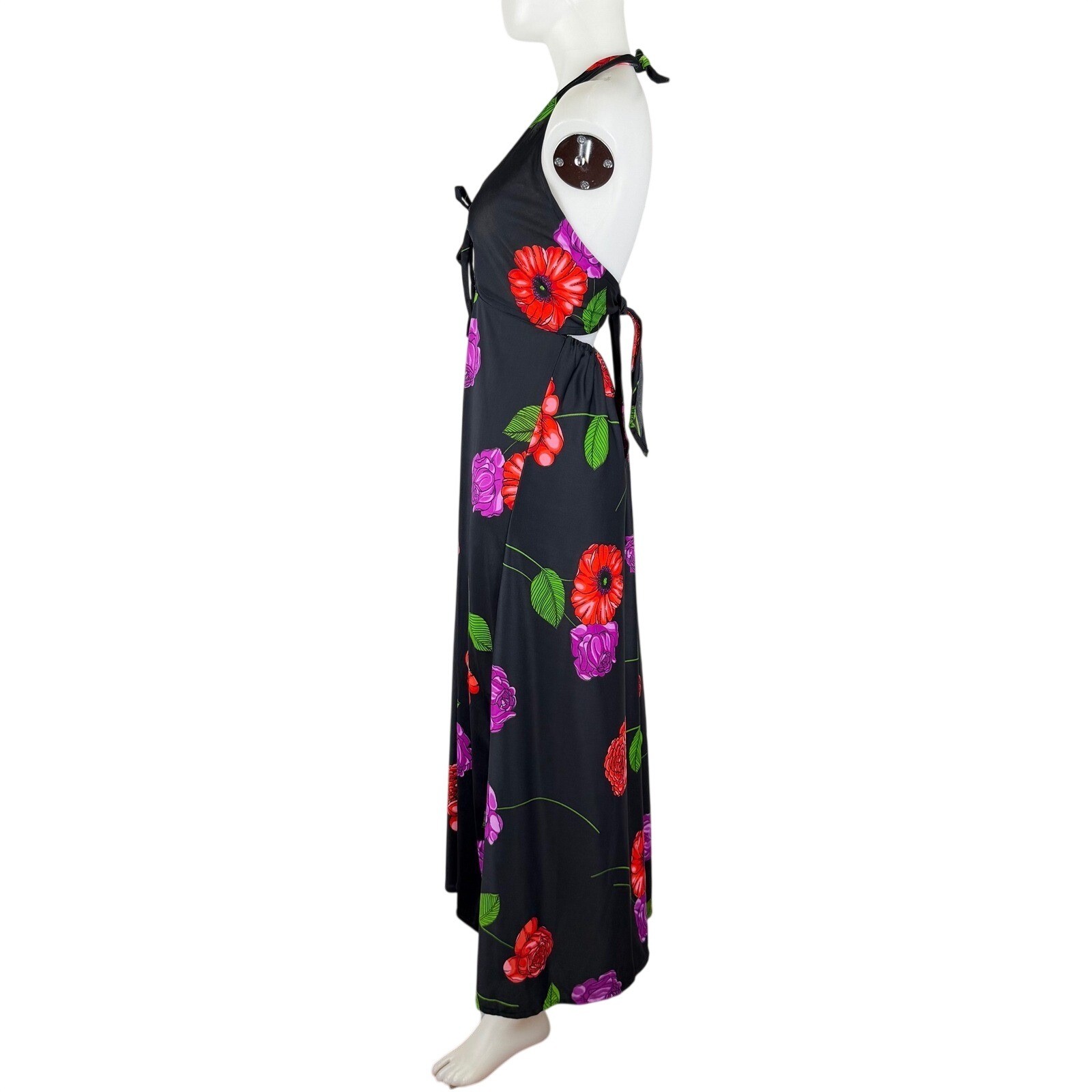 VTG Floral Halter Maxi Dress Black Red Purple Rose Keyhole Tie Back Summer