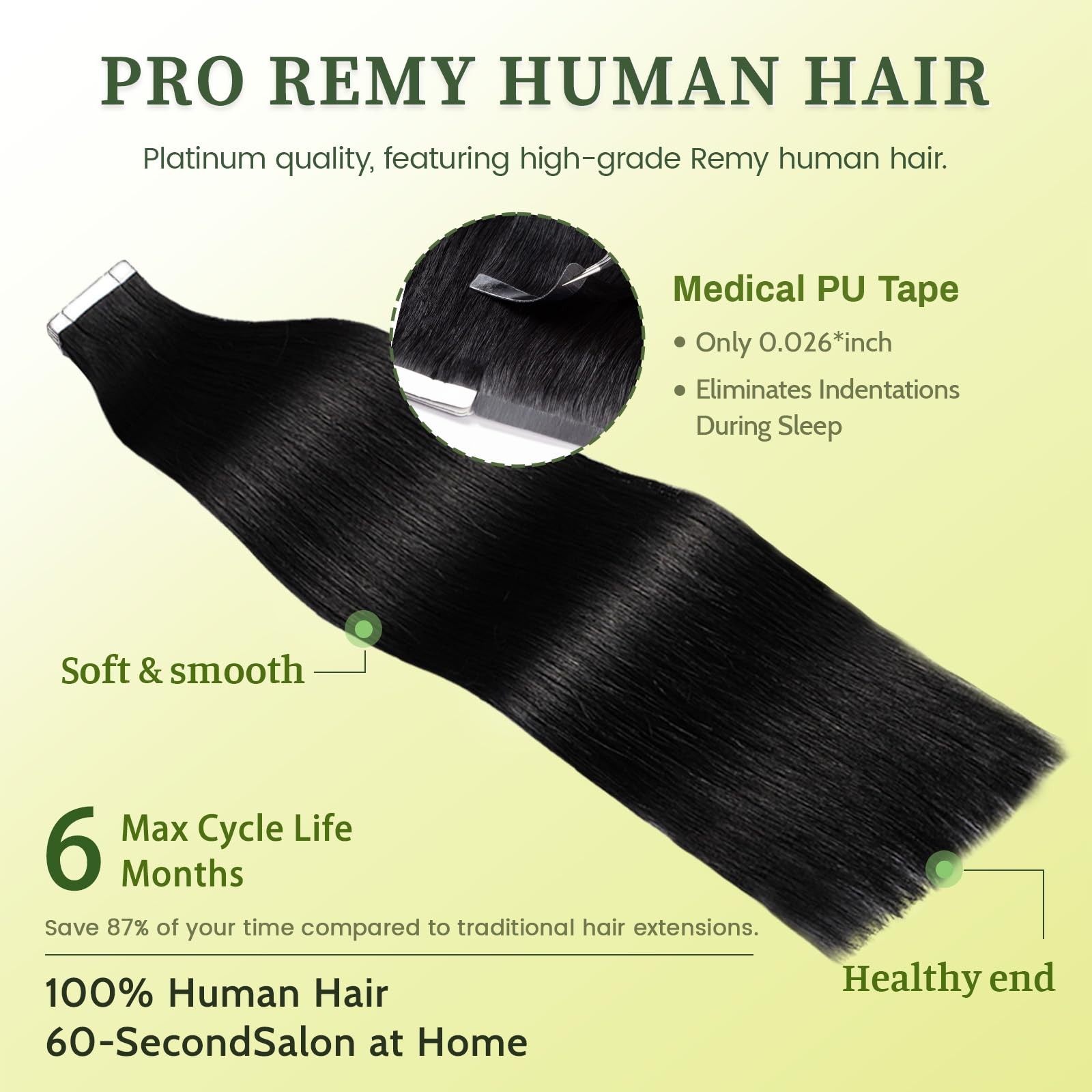 DNE 18″ Jet Black Remy Tape-In Human Hair Extensions 20pc/50g Straight