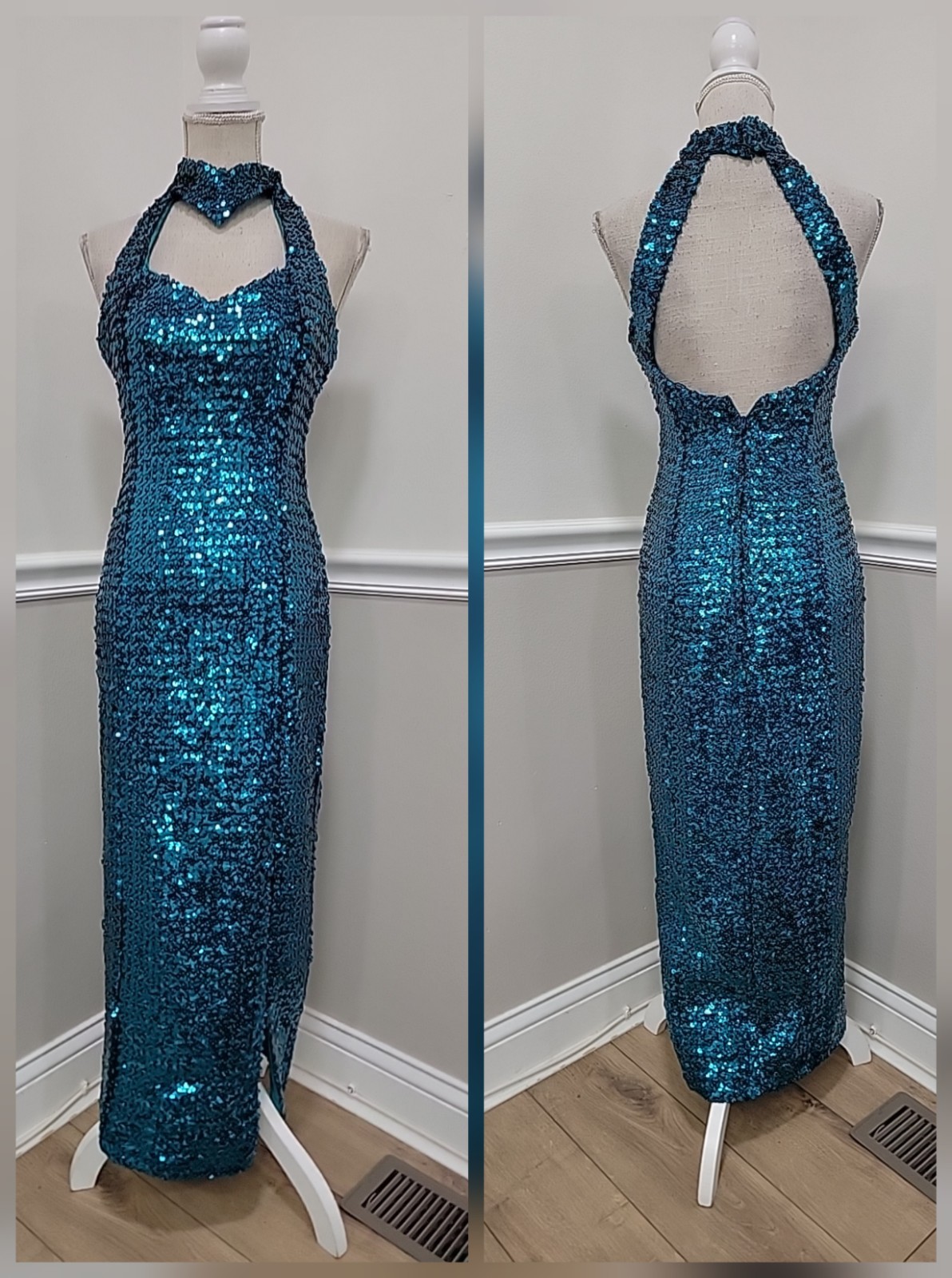 80s Turquoise Sequin Halterneck Evening Gown/Figure-Hugging Maxi Dress/ Cocktail