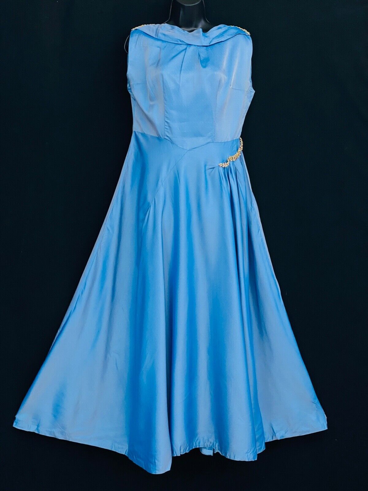 Vintage blue satin toga-style formal dress, 1940s 1950s sleeveless iridescent M