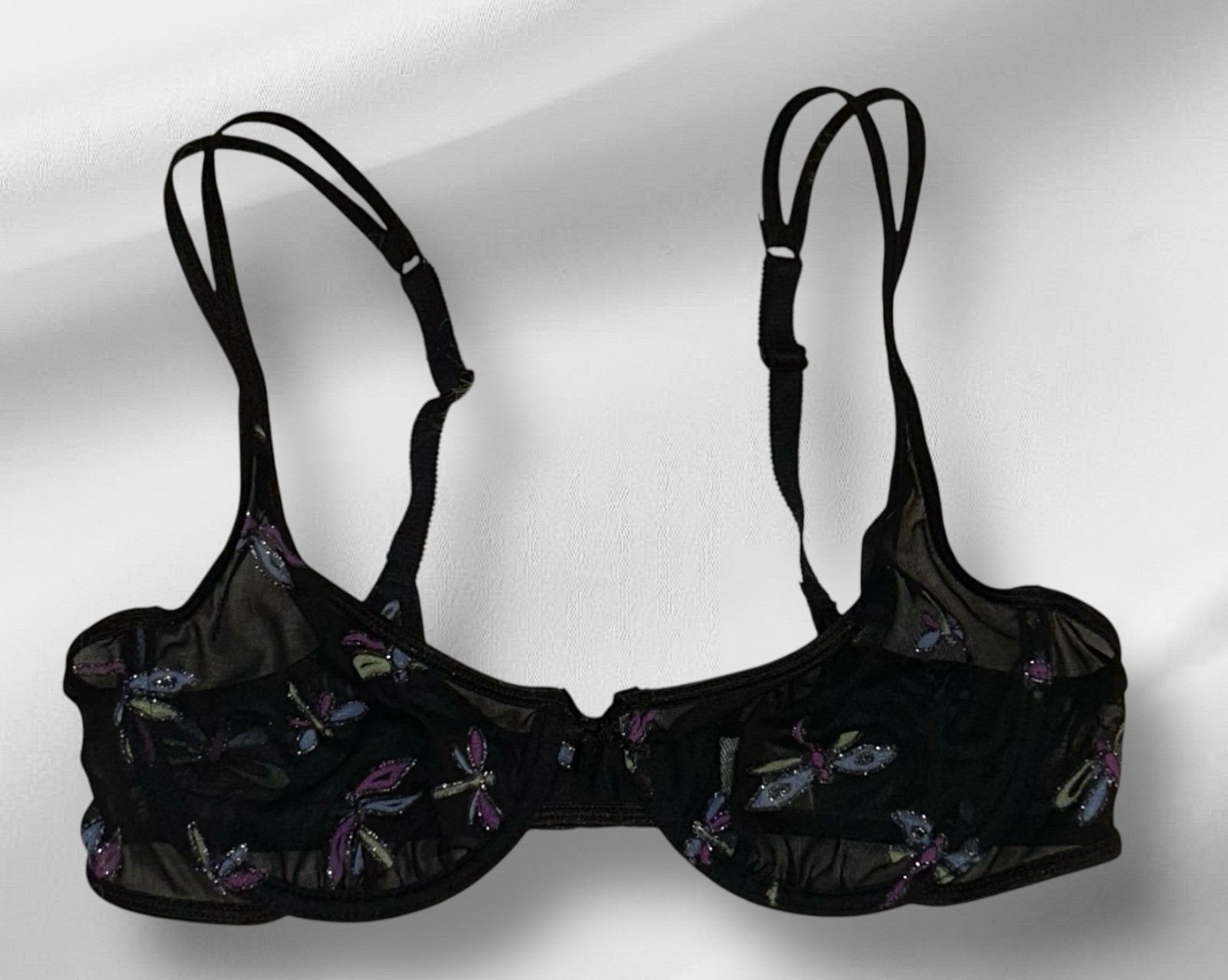International Intimates Black Sheer Mesh Embroidery Dragonflies Lace Bra 34B/S