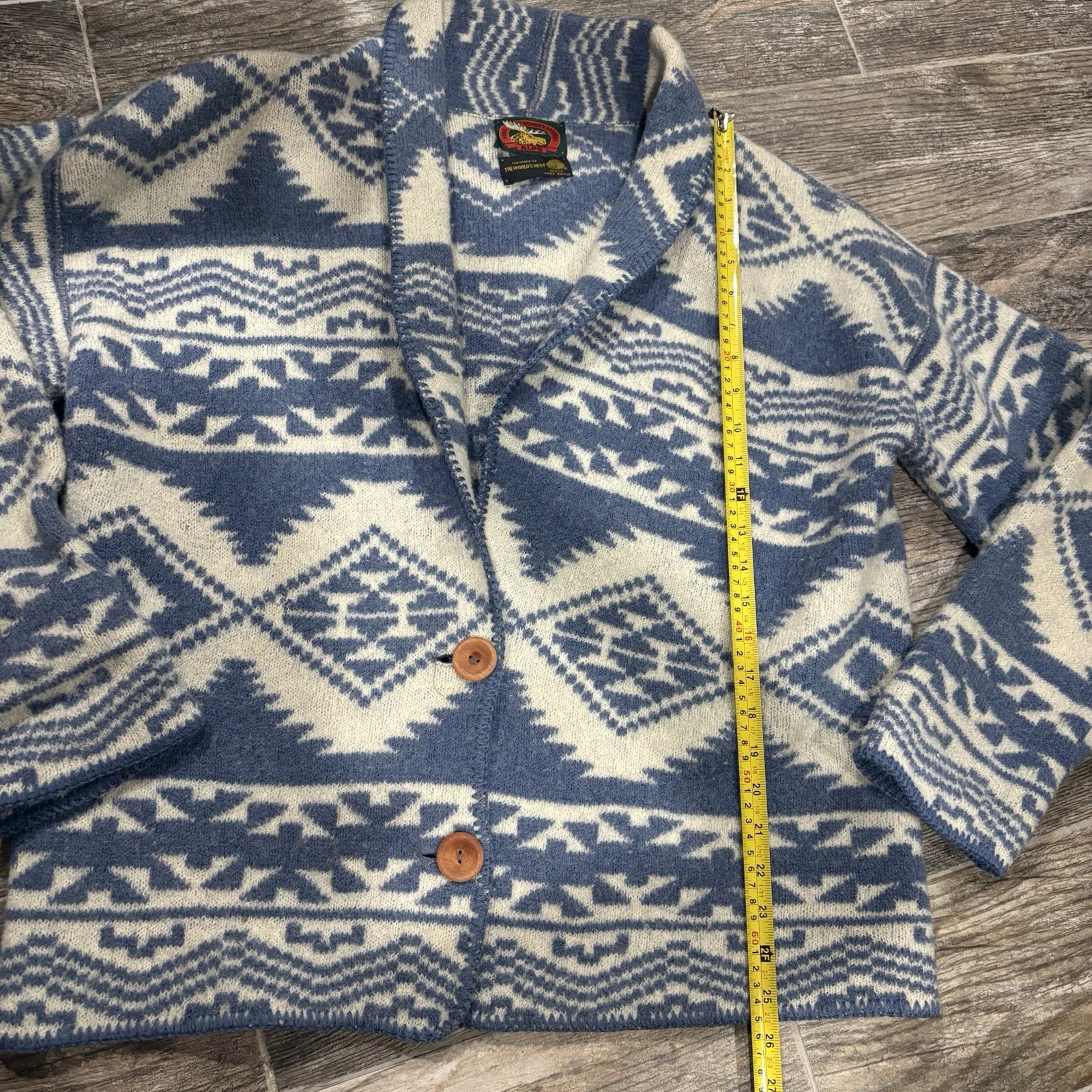VTG Alps Fine Womens Apparel 100% Pure Wool Felted Blue/White Wood Buttons Sz S