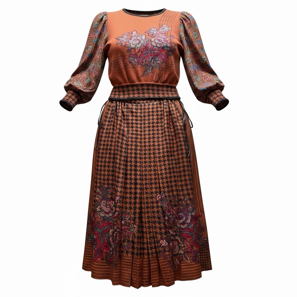 Vtg 80s Anne Crimmins Mixed Media Skirt Set L 12 Silk Wool Houndstooth Hong Kong