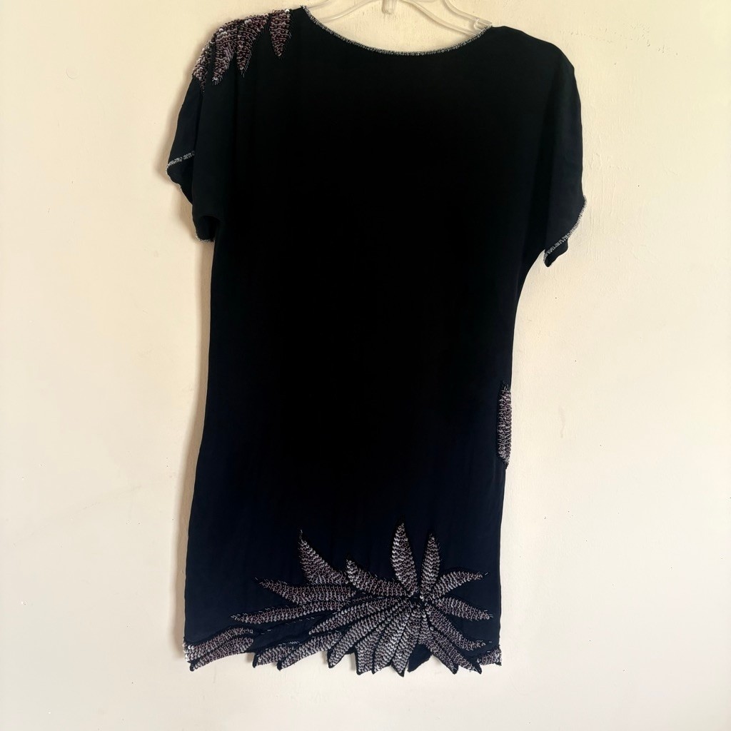 Beyond Vintage Silk Beaded Leaf Mini Dress Black XS Style 347