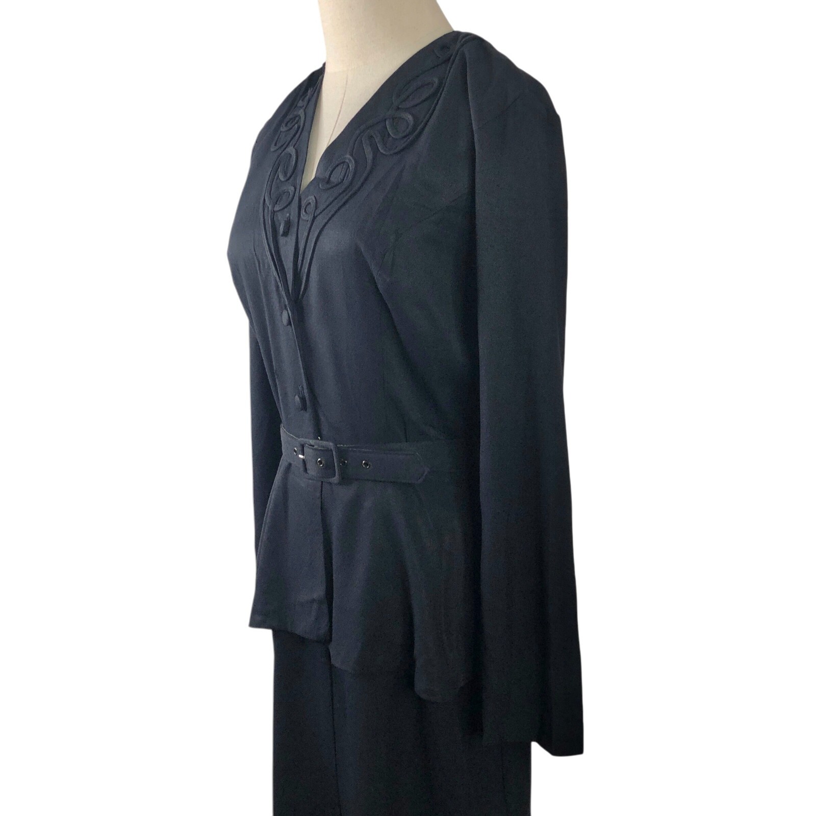 Carol Anderson Vintage Dress Size 6 Navy Blue Soutache Belted Peplum Mourning