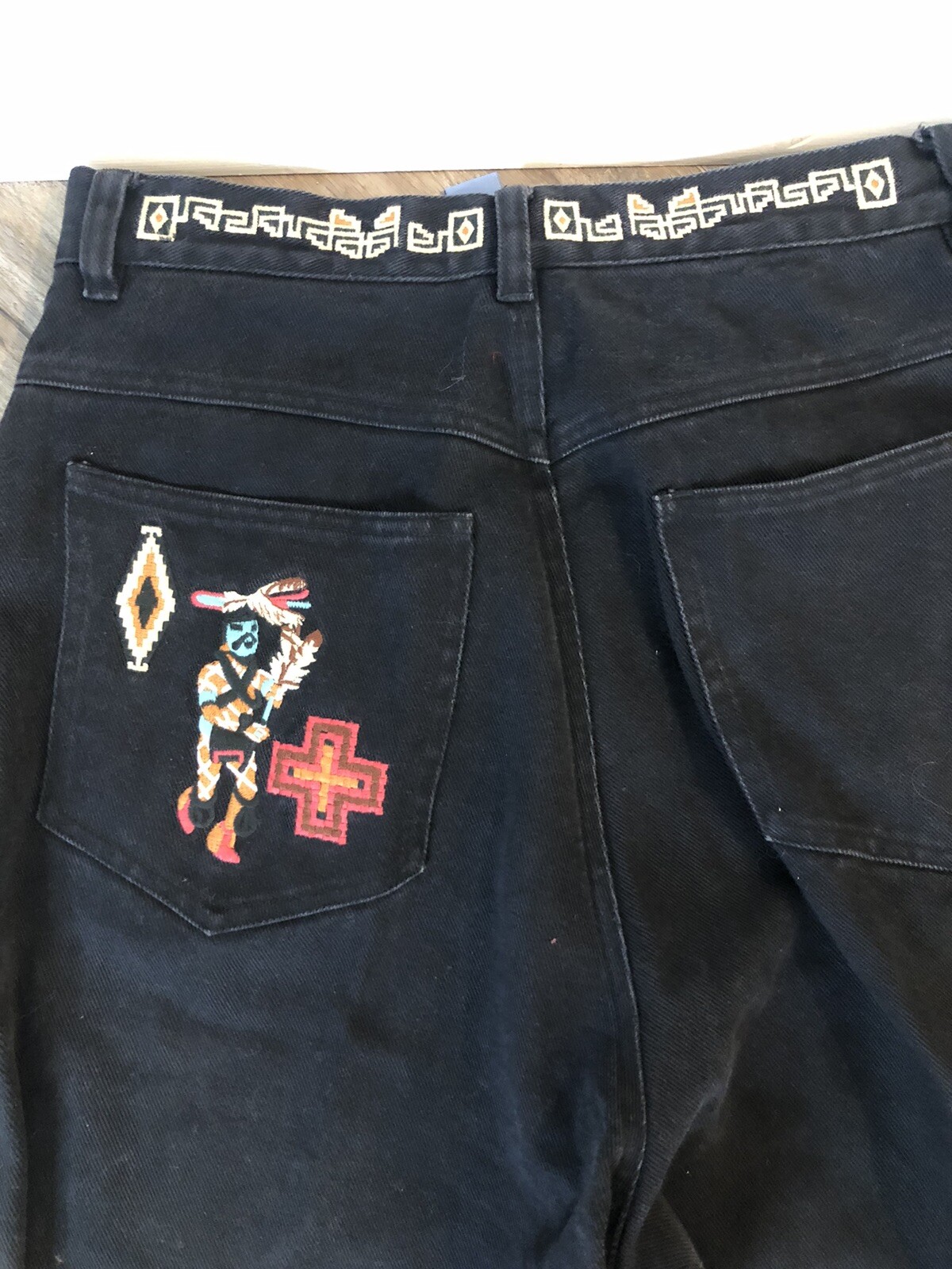 90s Cambridge Dry Goods Native Feather Kachina Black Tapered Jeans Size 10