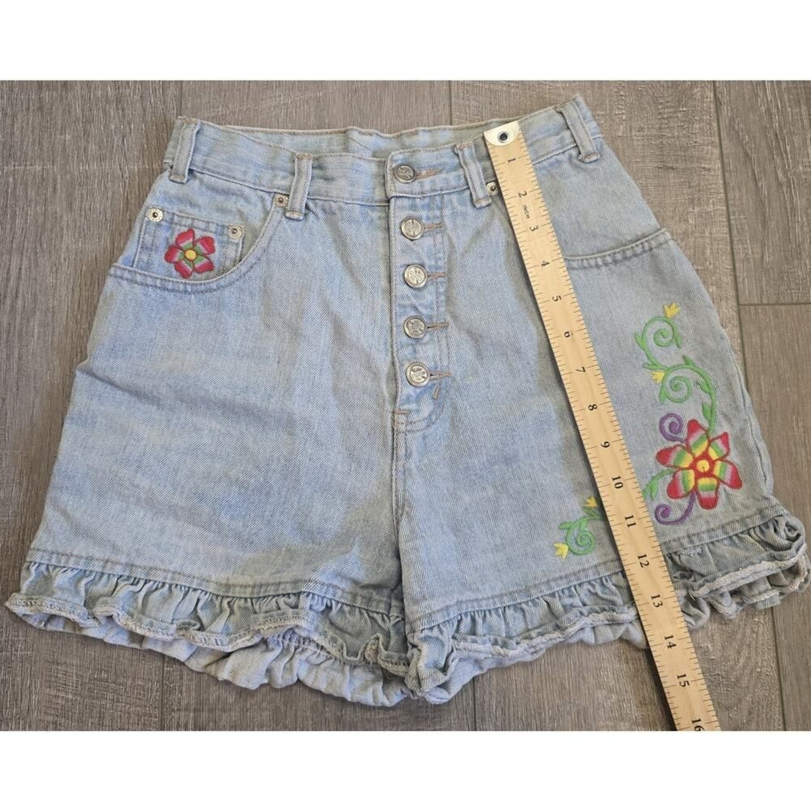 Vtg90’s Y2K FEMME FATALE NO EXCUSES Tough JEAN Shorts Ruffle High Rise 5/6