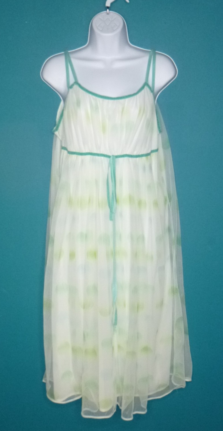 Vtg 50s Charmode Double Layer Chiffon Nylon Nightgown White Green Blue Dots S/M