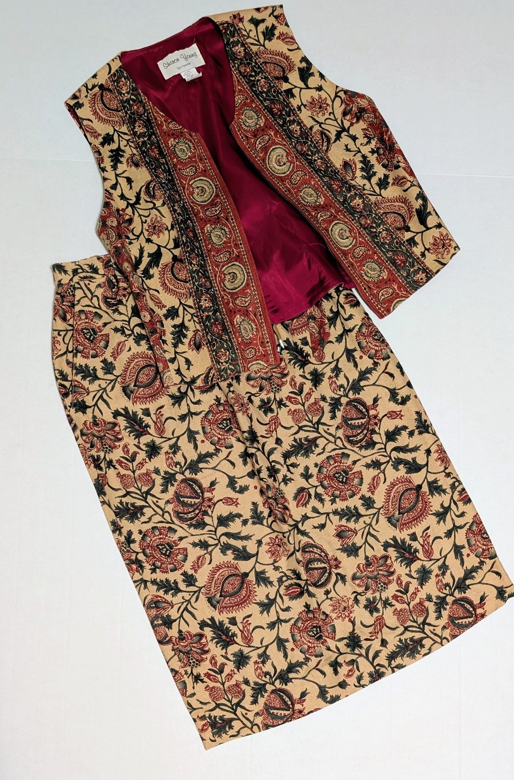 Vintage 90’s Sharon Young Folk Bohemian Artsy Midi Skirt Vest Set Women’s Small