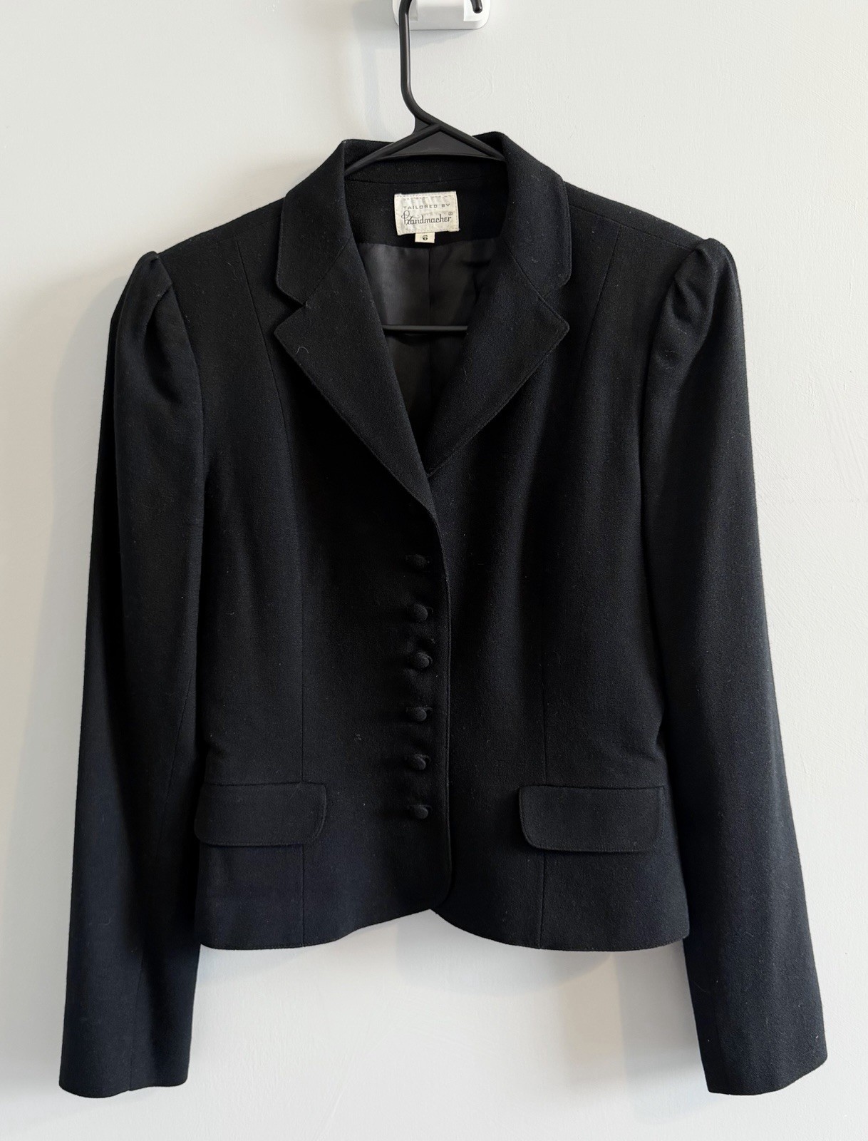 Vintage HANDMACHER Women Wool Blazer Jacket 6 Black Button Front Collared Lined