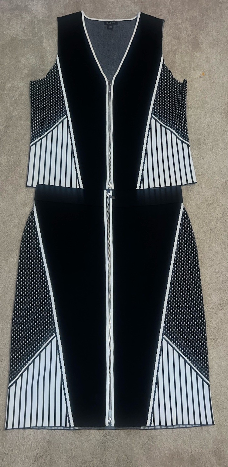 Cache Suit Black White Stripe Skirt & Top Zip Front Knit Medium Y2K NWOT