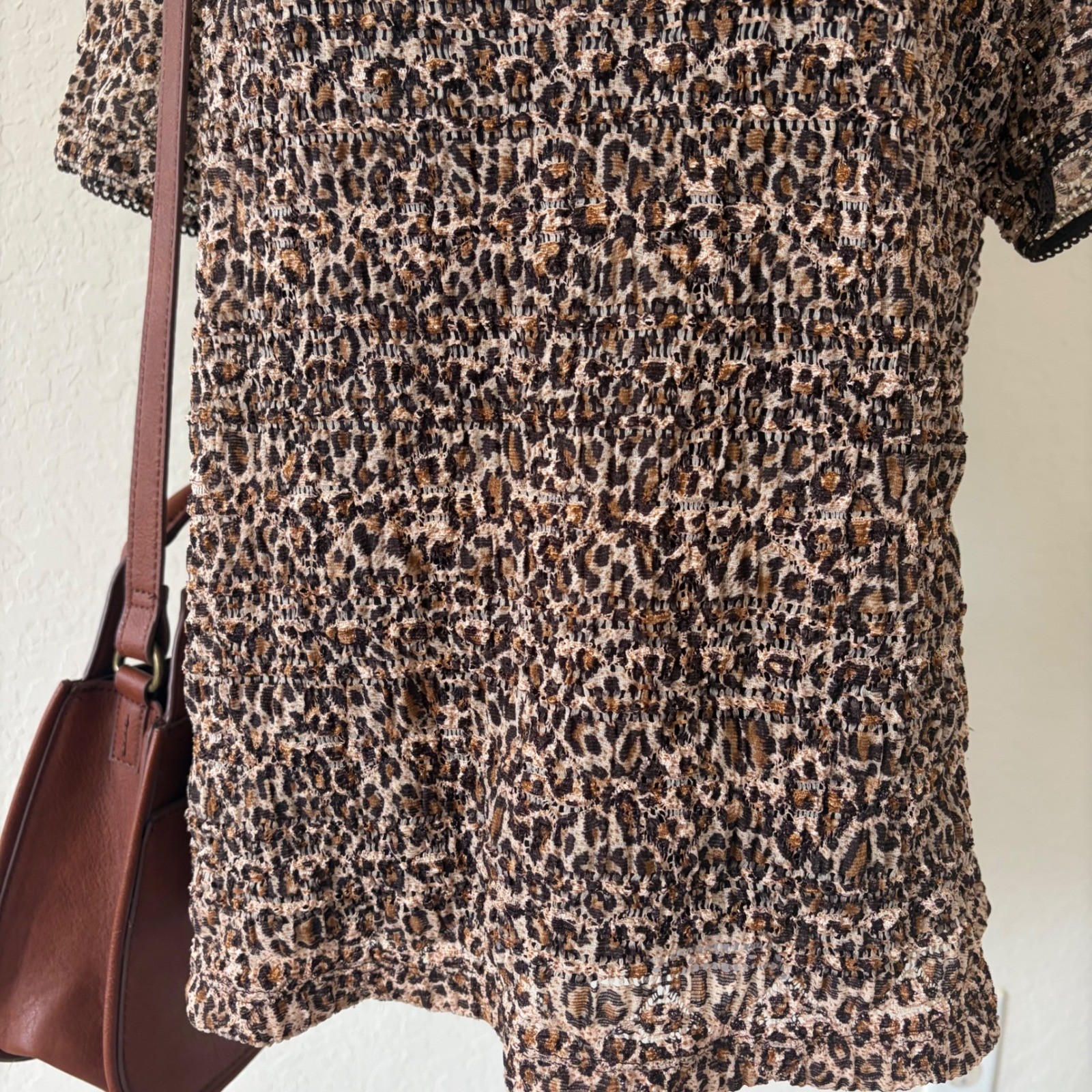 Vintage Y2K East 5th Leopard Print Smocked Blouse Stretch Square Neck Top XL