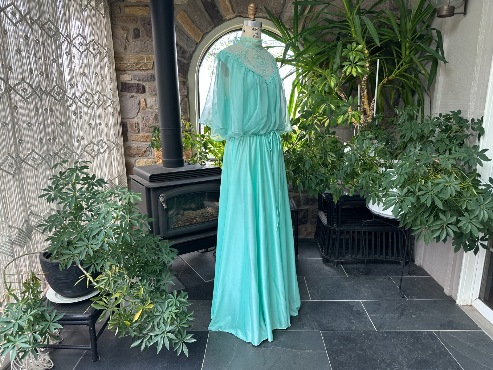 Vintage 1970s Light Green Knit and Chiffon Lace Maxi Dress