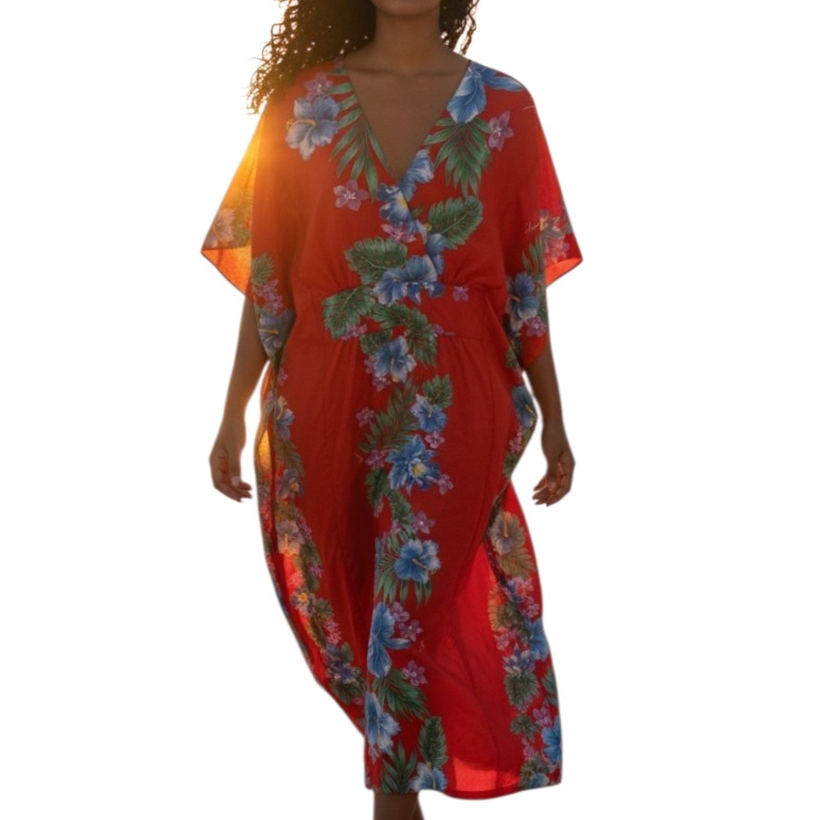 Kalena Fashions Hawaii Red Hibiscus Floral Caftan Muumuu Dress OSFM Tiki Vintage