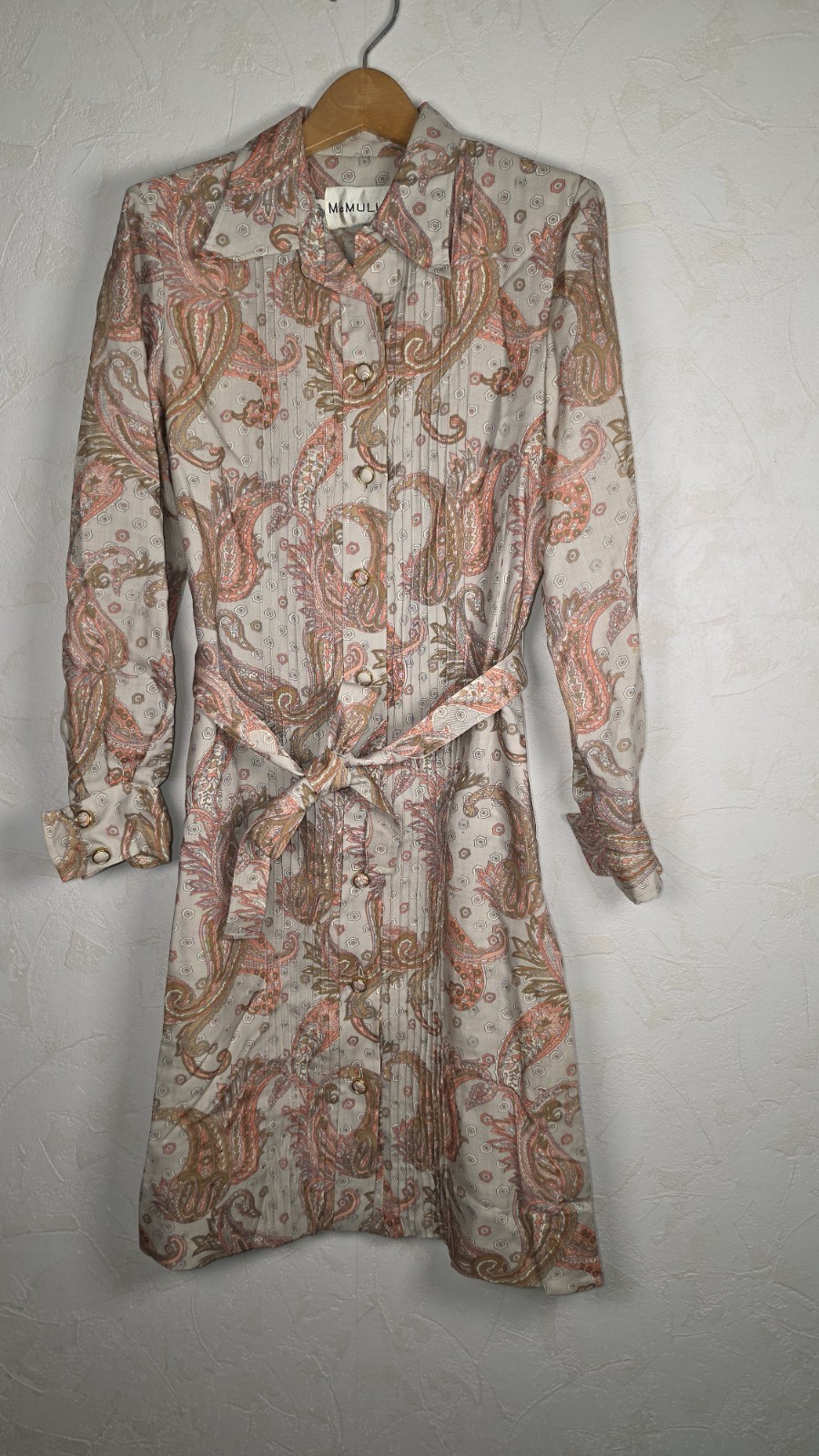 Vintage 70s McMullen Paisley Dagger Collar Long Sleeve Belted Midi Dress Boho 8