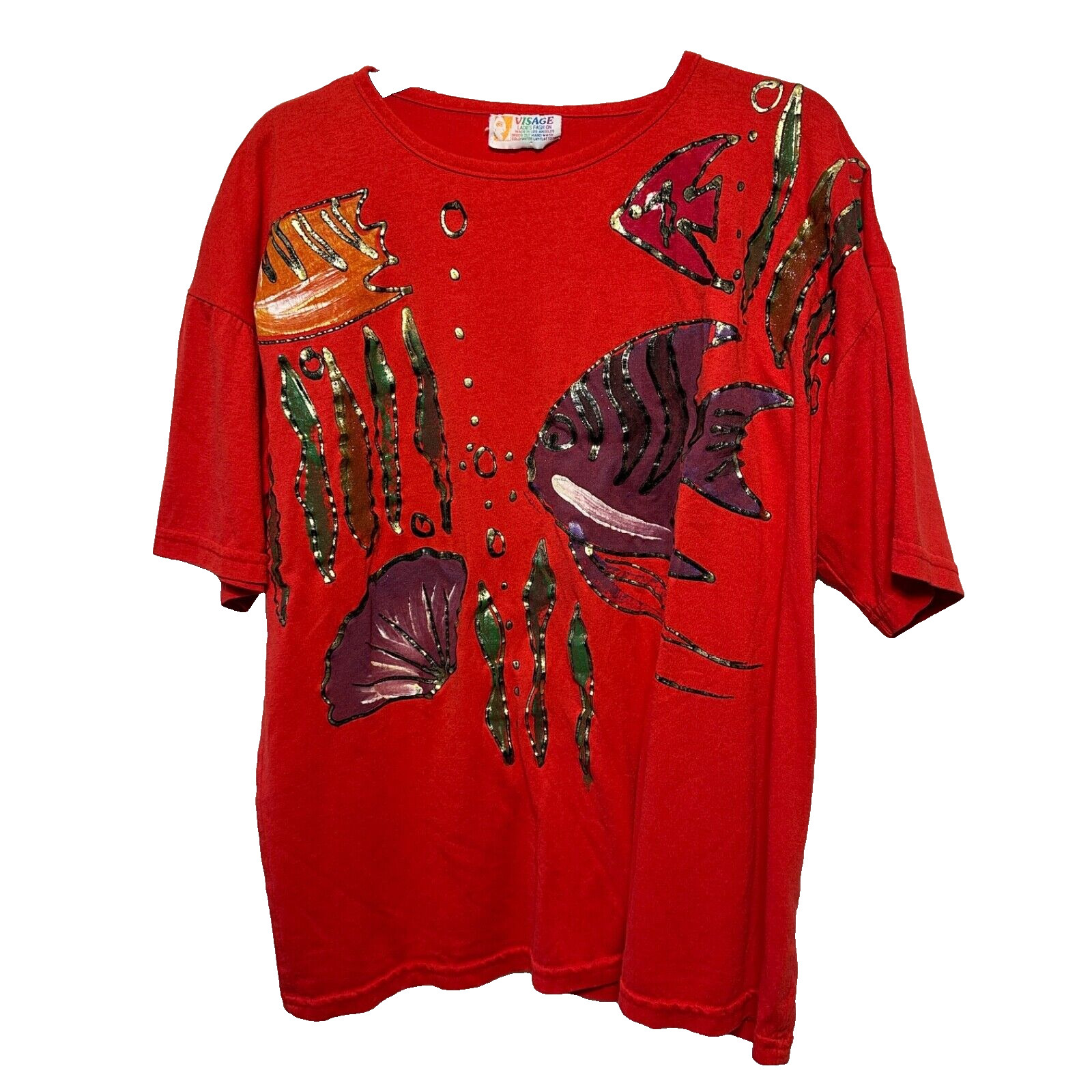 Visage Vintage Painted Top Sz L Oversized Red Underwater Fish Puff Paint 80s 90s