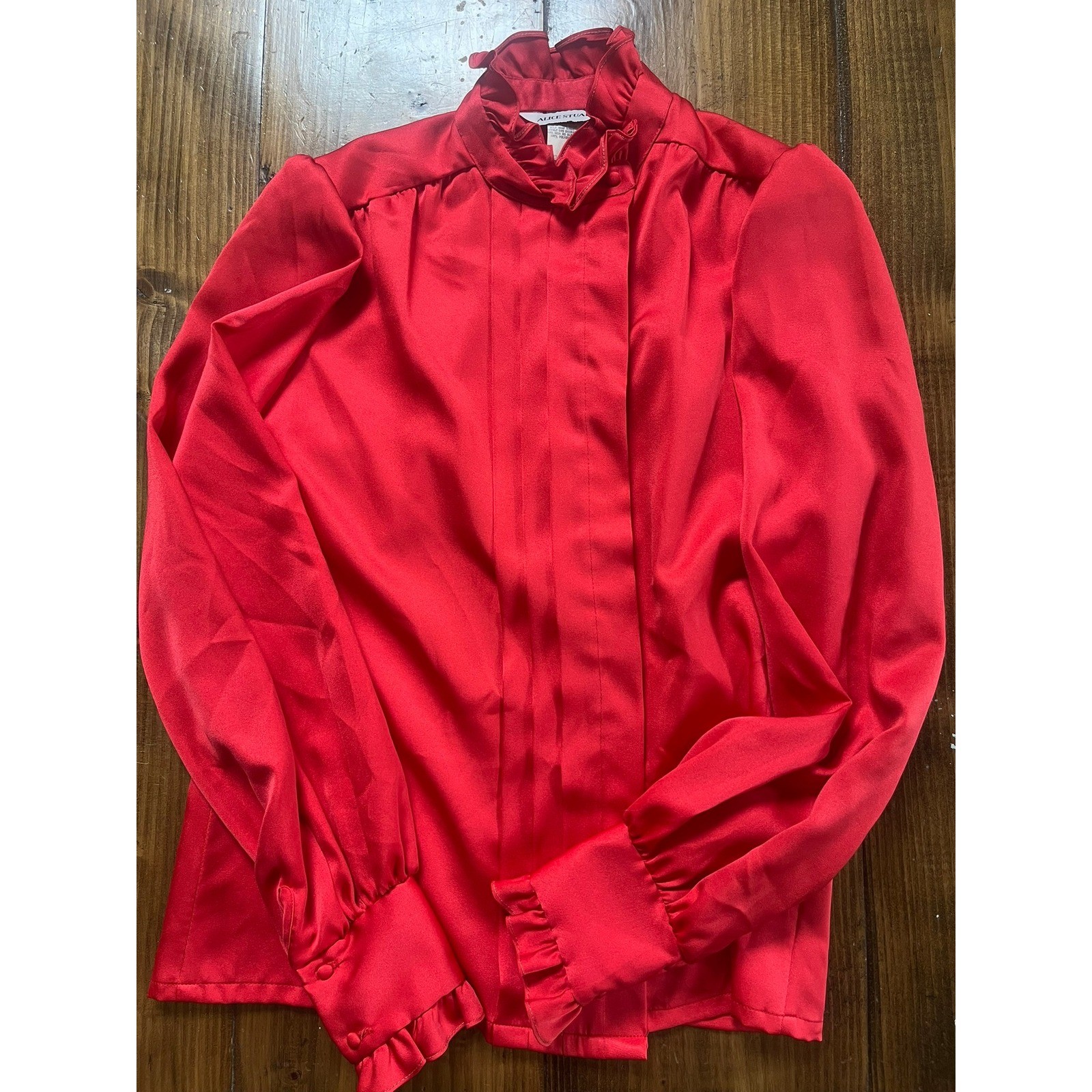 Vintage Alice Stuart Red Satin Ruffle Blouse 1980s High Neck Secretary Top Sz 8