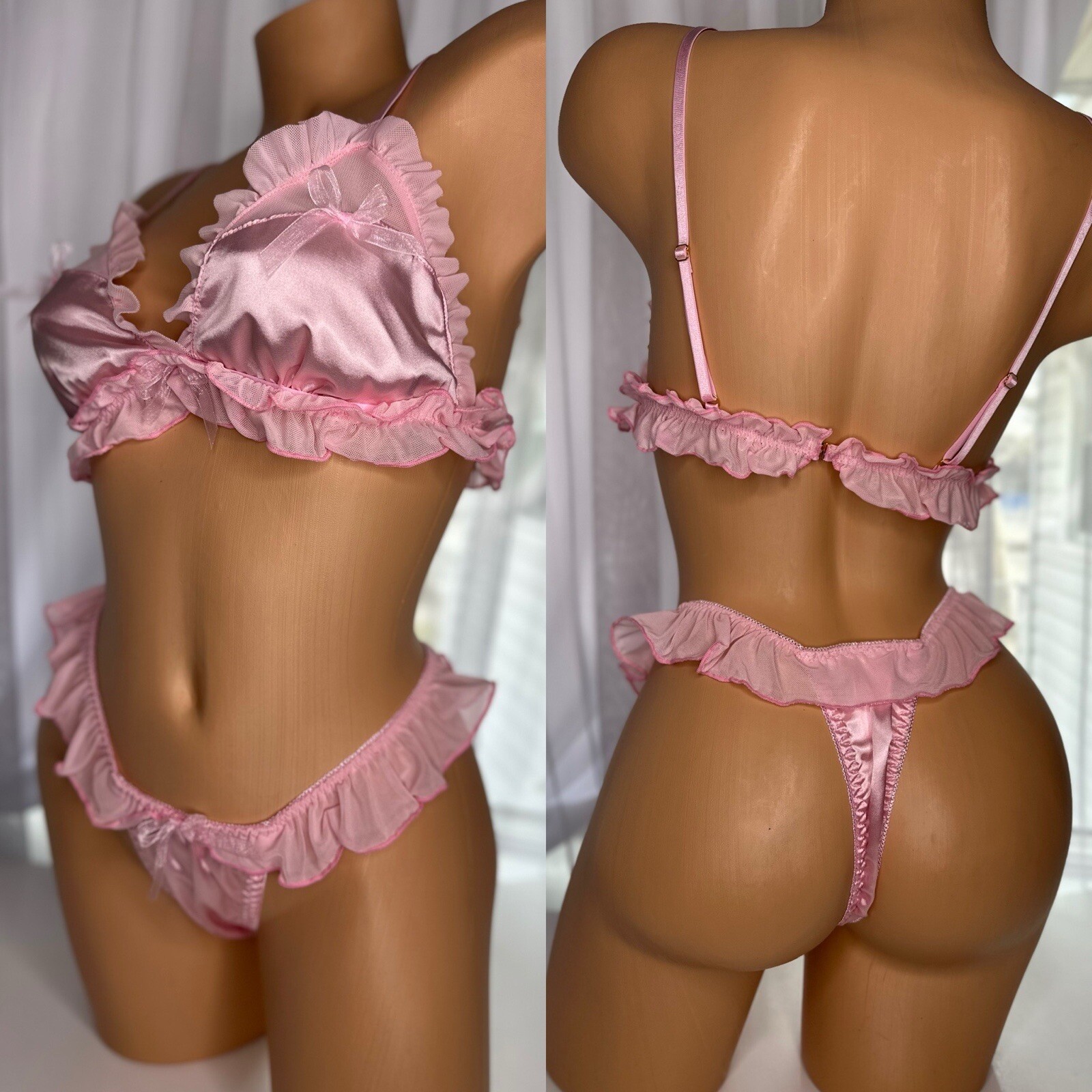 Large 7 L Shiny Satin Bralette Thong Panty Chiffon Ruffles Coquette Vtg Bra Set