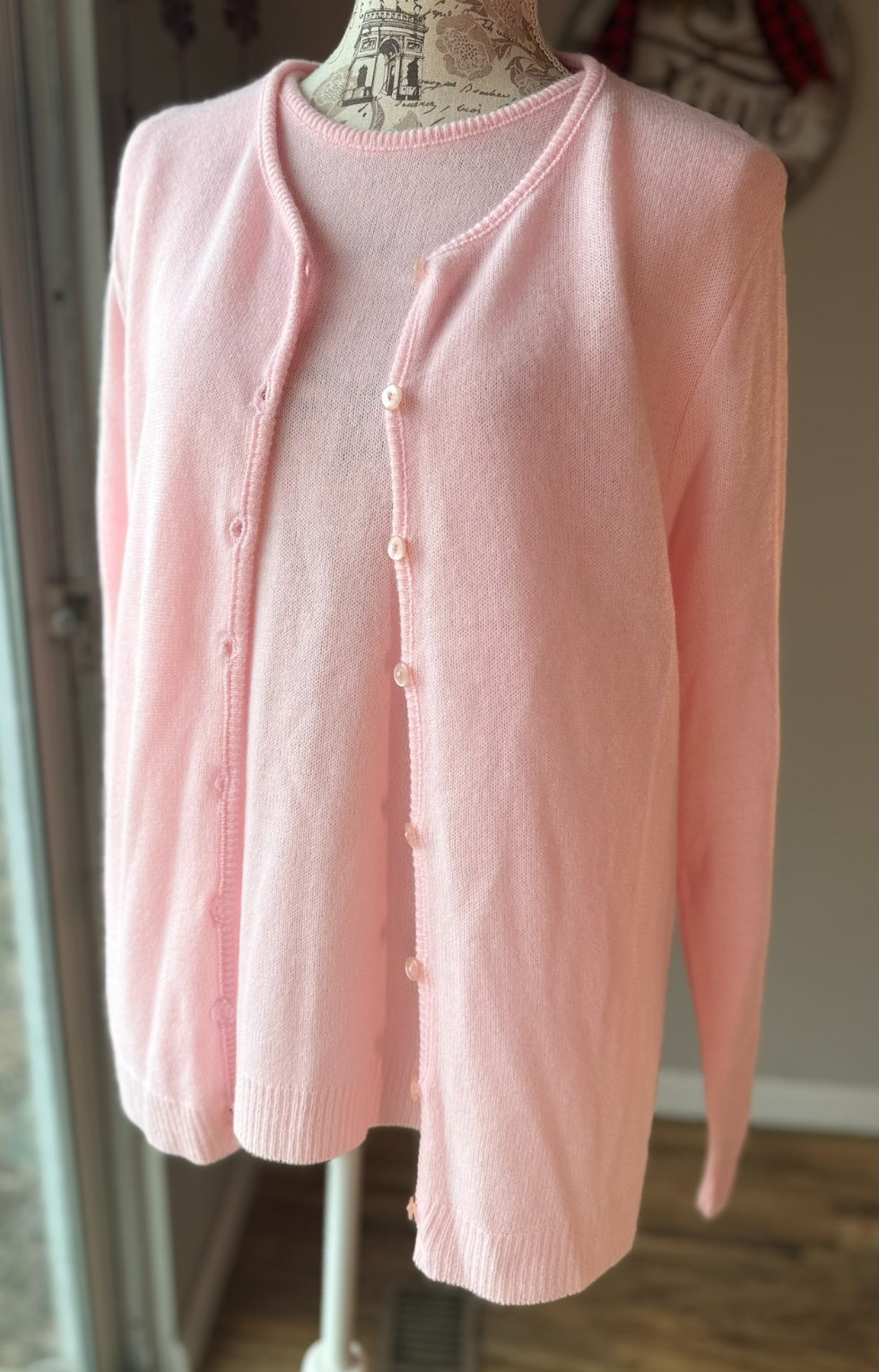Vintage PINK Sweater Twin Set ACRYLIC Cardigan Tank HABAND 50s 60s GRANDMA Large