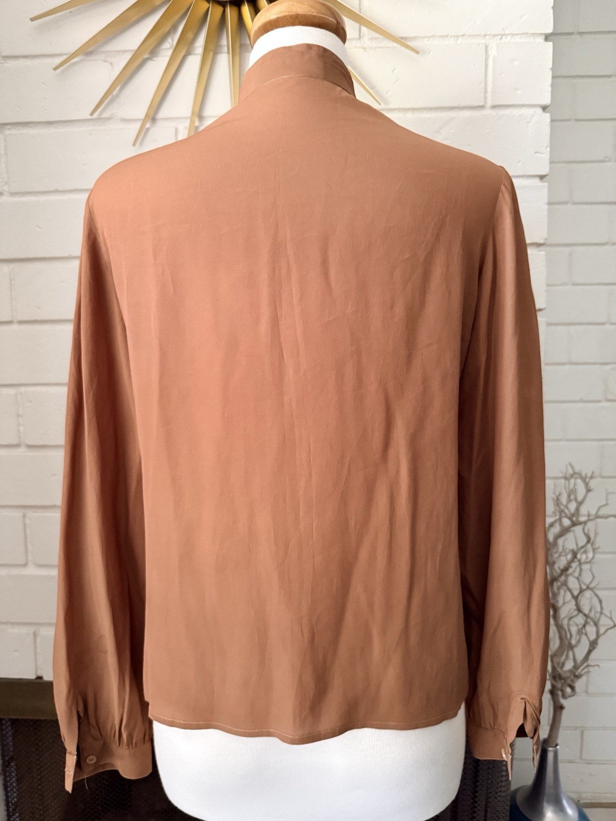 Vtg Mario Pucci Cecconi Italy Blouse Feathers Long Sleeve Brown Button Top Shirt