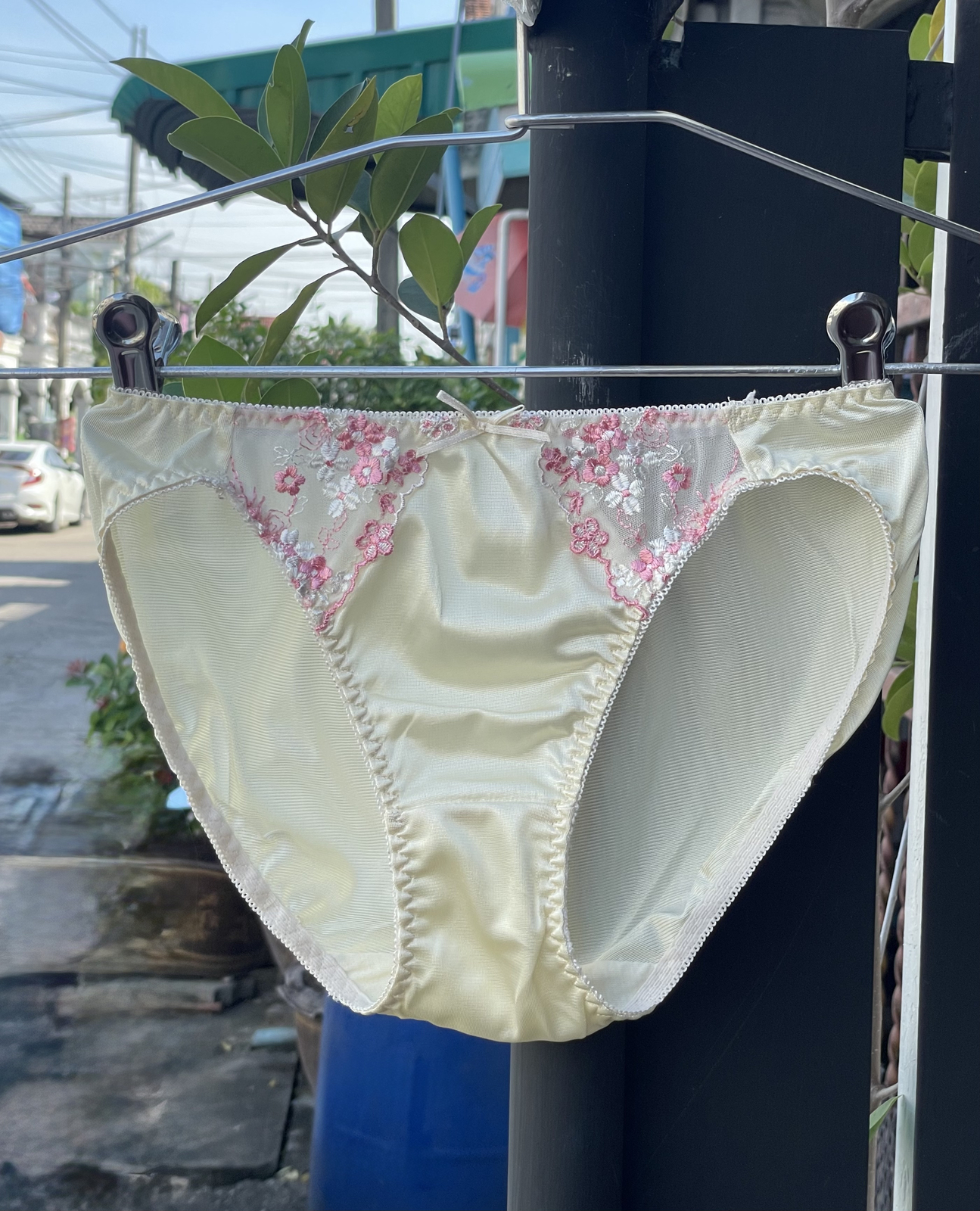 Vintage Light Yellow Silky Nylon Hi Cut Panties Lace Floral Sheer Briefs Sz.5