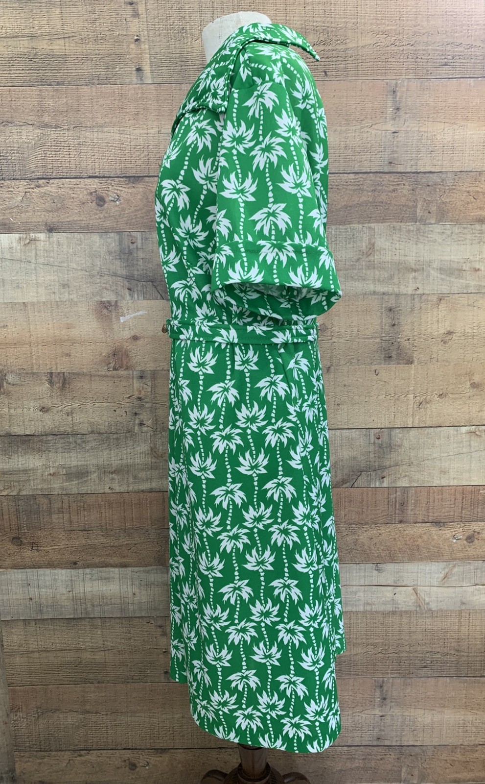 Vintage 1960s 1970s Green Polyester Palm Tree Belted Dress 50” Bust /50” Waist