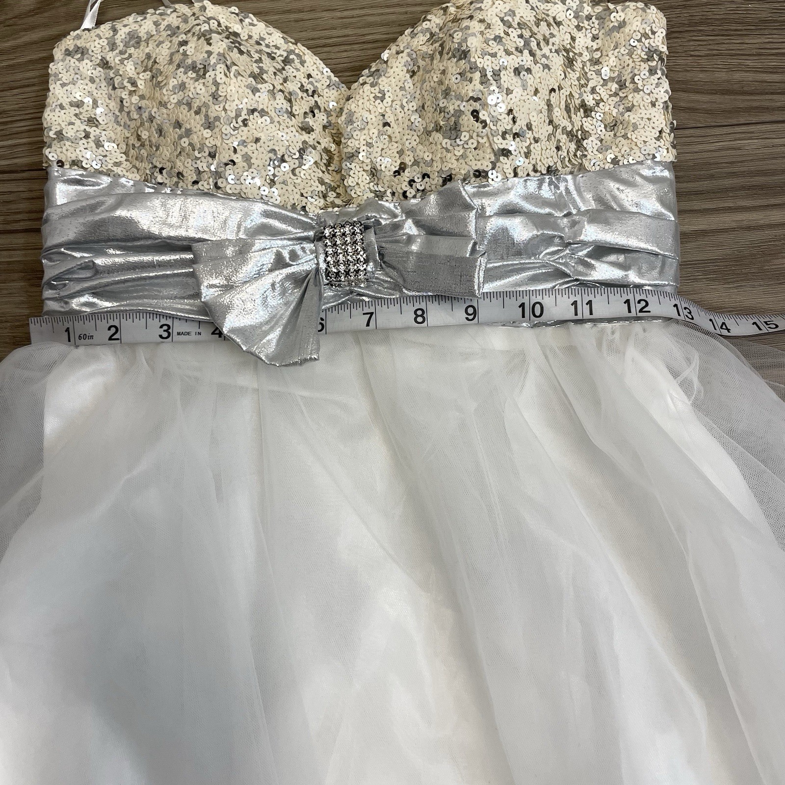 Aspeed Vintage 90s White & Silver Sequin Strapless Tulle Formal Prom Dress sz XS