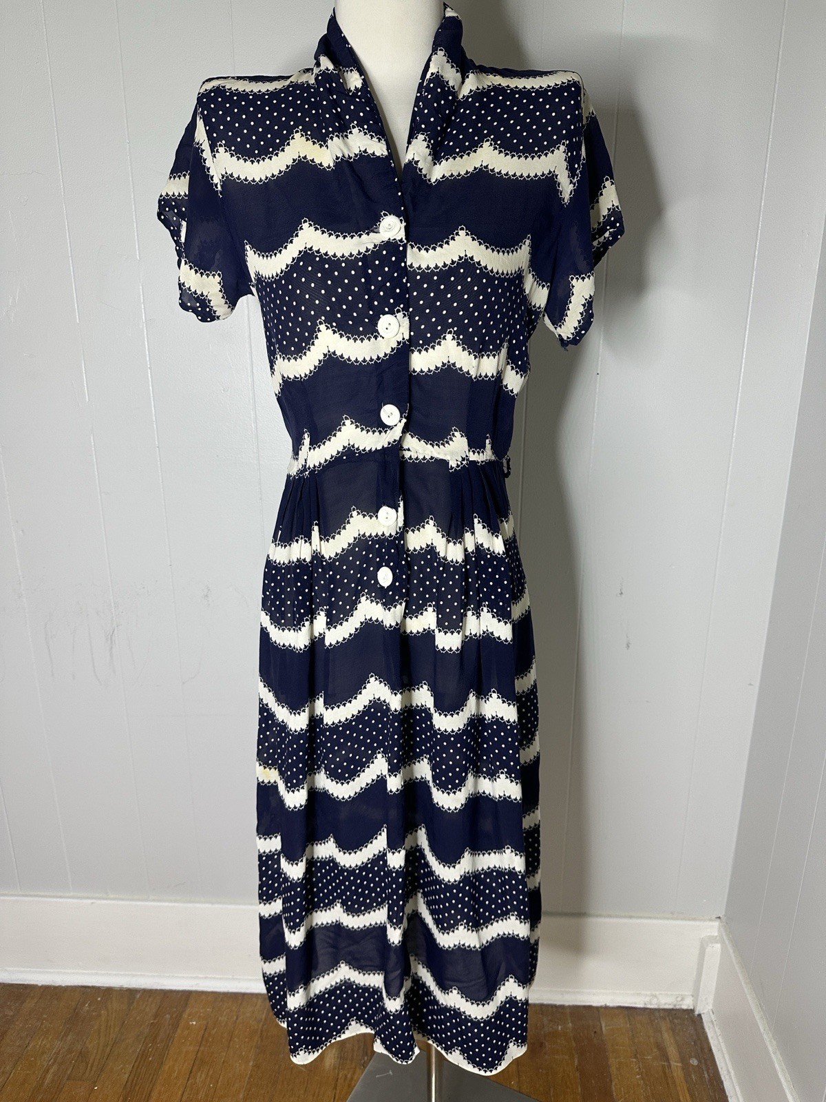 Vintage 40s Silk Polka Dot Mix Navy Day Dress