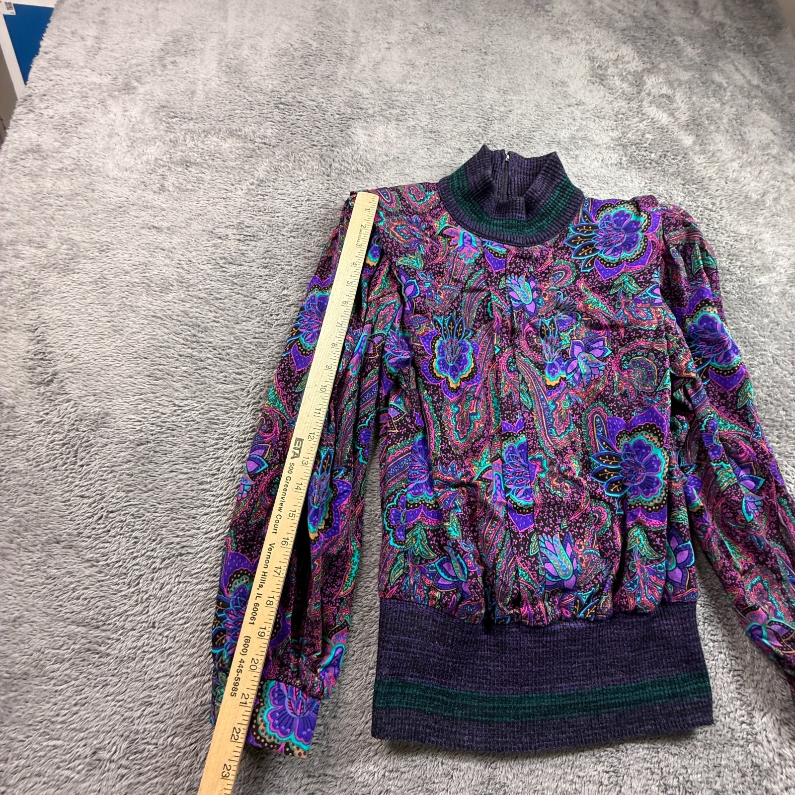 Vtg 80s Leslie Fay Petite Paisley Floral Blouse Mock Neck Zip Back Purple 8