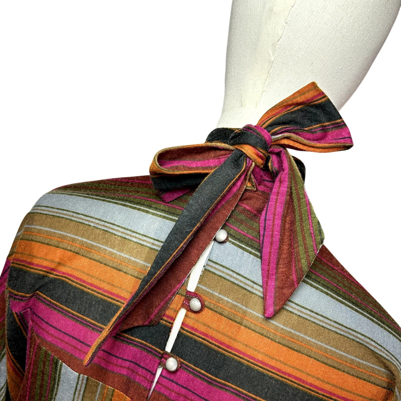 VTG 70s Knit Turtleneck Midi Dress L Pussy Bow Multicolor Bespoke Retro Twee