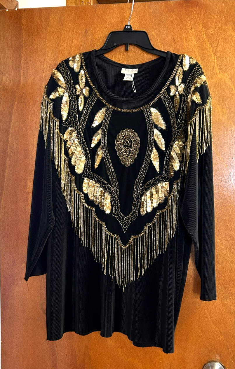 Vintage Black with Gold Beading Kelly Lynn Slack Outfit, Sz 3X Style #1103