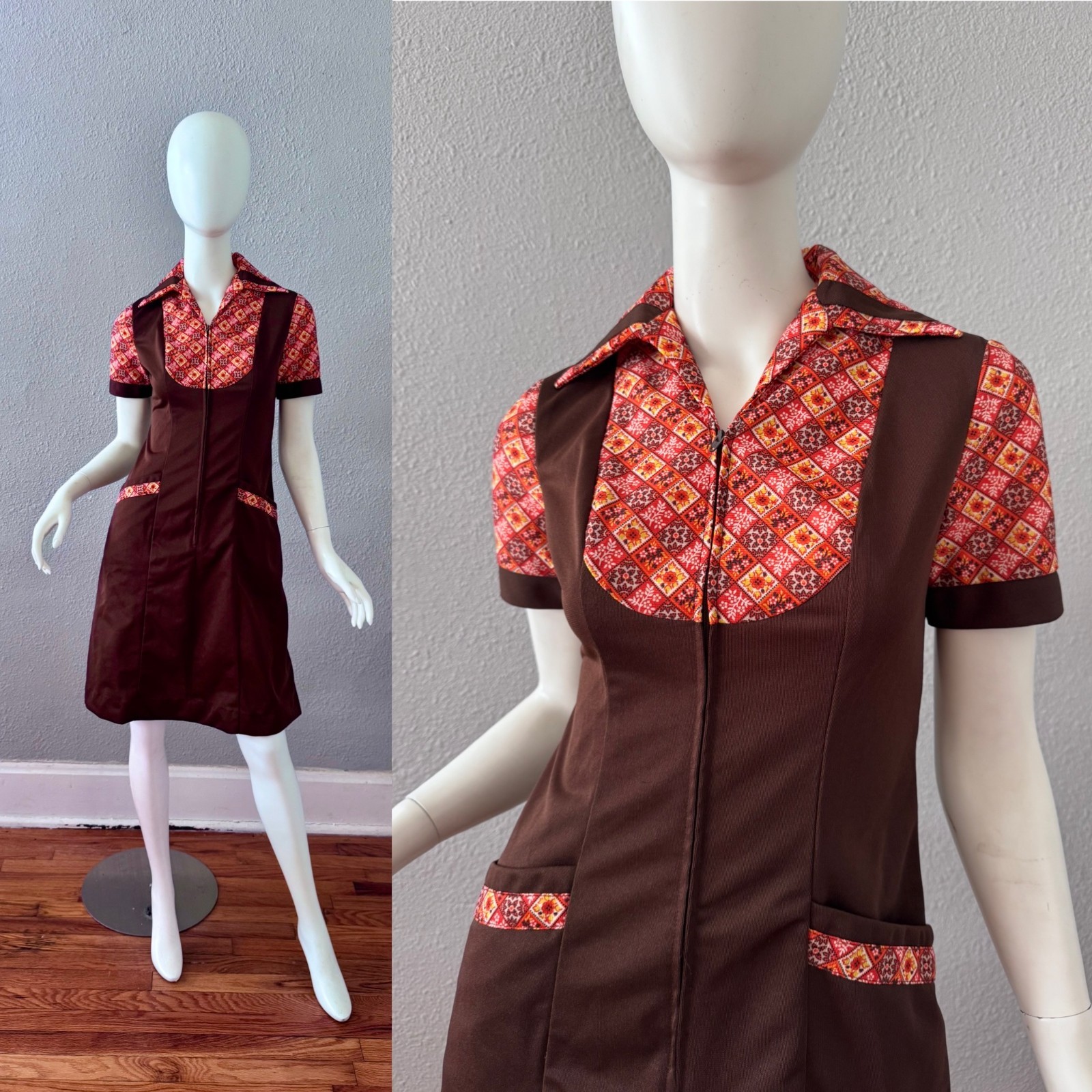 Vintage 70s Retro Zip Front MOD Crest Careers Uniform Dress S