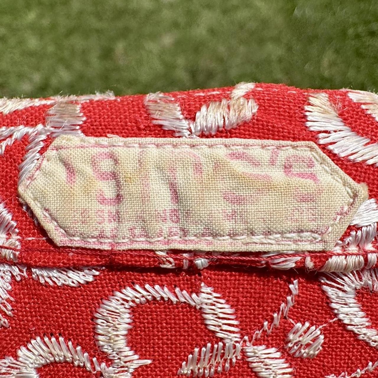 1930s red rayon knit dress w/ all over white petal leaf embroidery