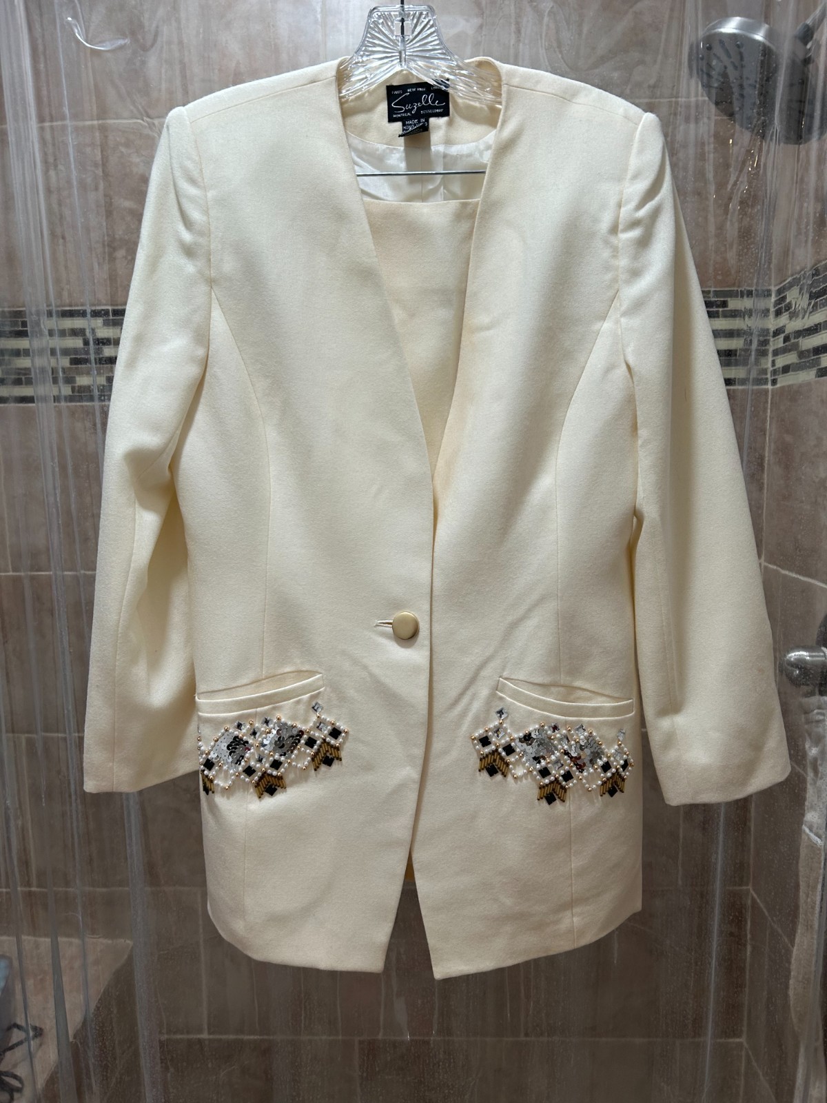 1980S SUZELLE 2 PIECE IVORY OUTFIT DRESS SIZE 10- BEADED POCKETS
