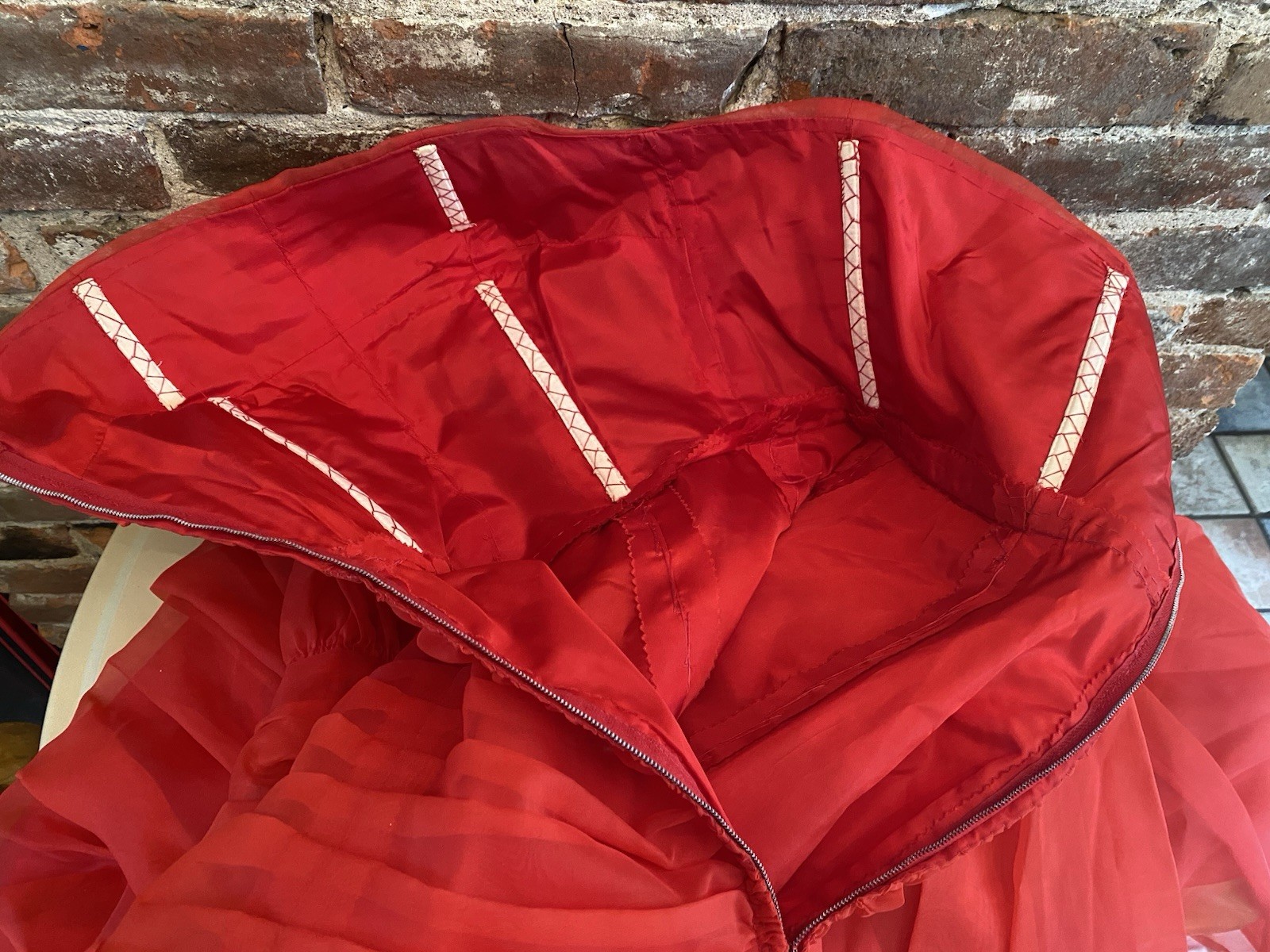 VTG 50s Red Chiffon Strapless Evening Cocktail Prom Gown Dress XS